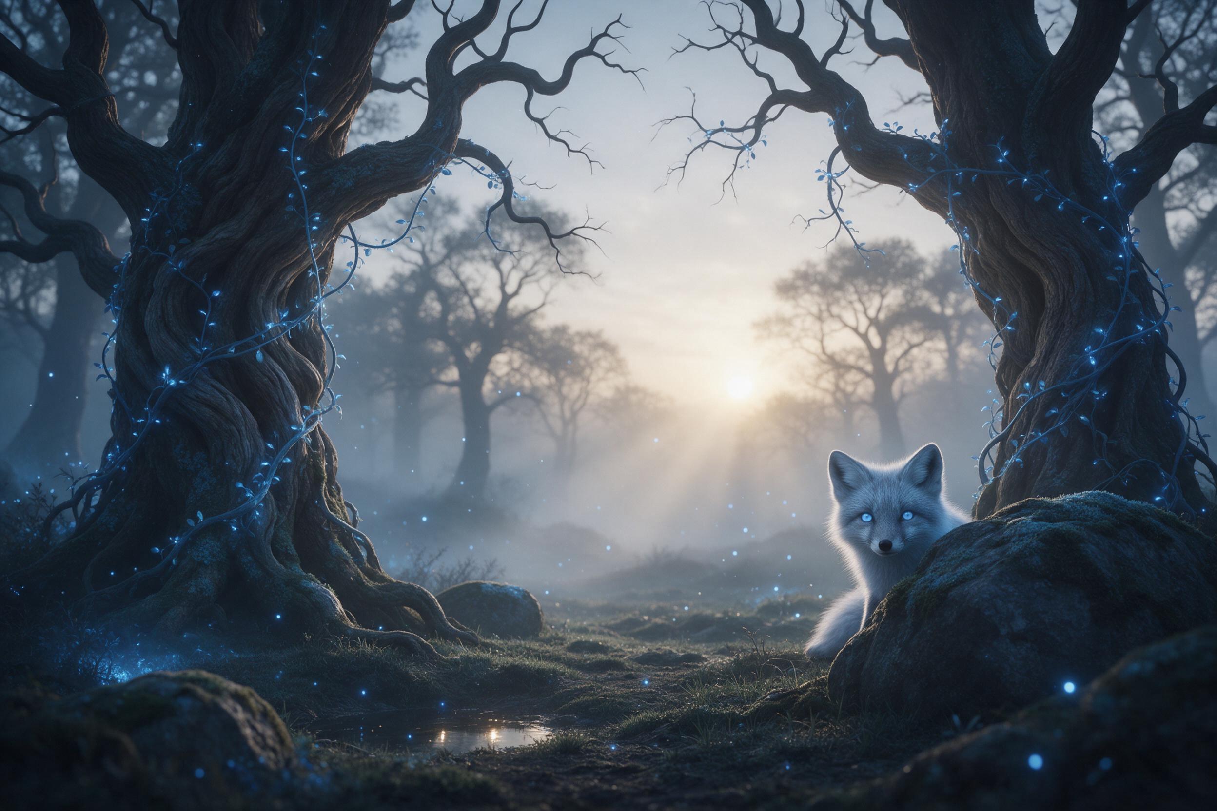 A misty forest clearing at dawn, ancient gnarled trees wrapped in glowing blue vines, a small luminous fox with silver fur peeking from behind mossy rocks, soft volumetric light rays piercing through fog, scattered glowing spores floating in air, delicate texture on bark, serene magical atmosphere, 