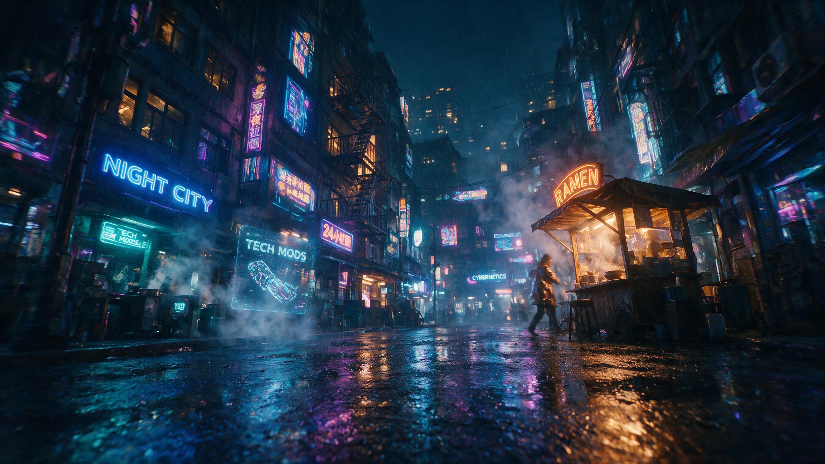 A neon-lit cyberpunk street at midnight, rain-slicked asphalt reflecting holographic ads, a lone figure in a reflective coat walks past a flickering noodle stall, steam rising, camera angled low with slight motion blur, warm amber lights contrasting cool blue tones