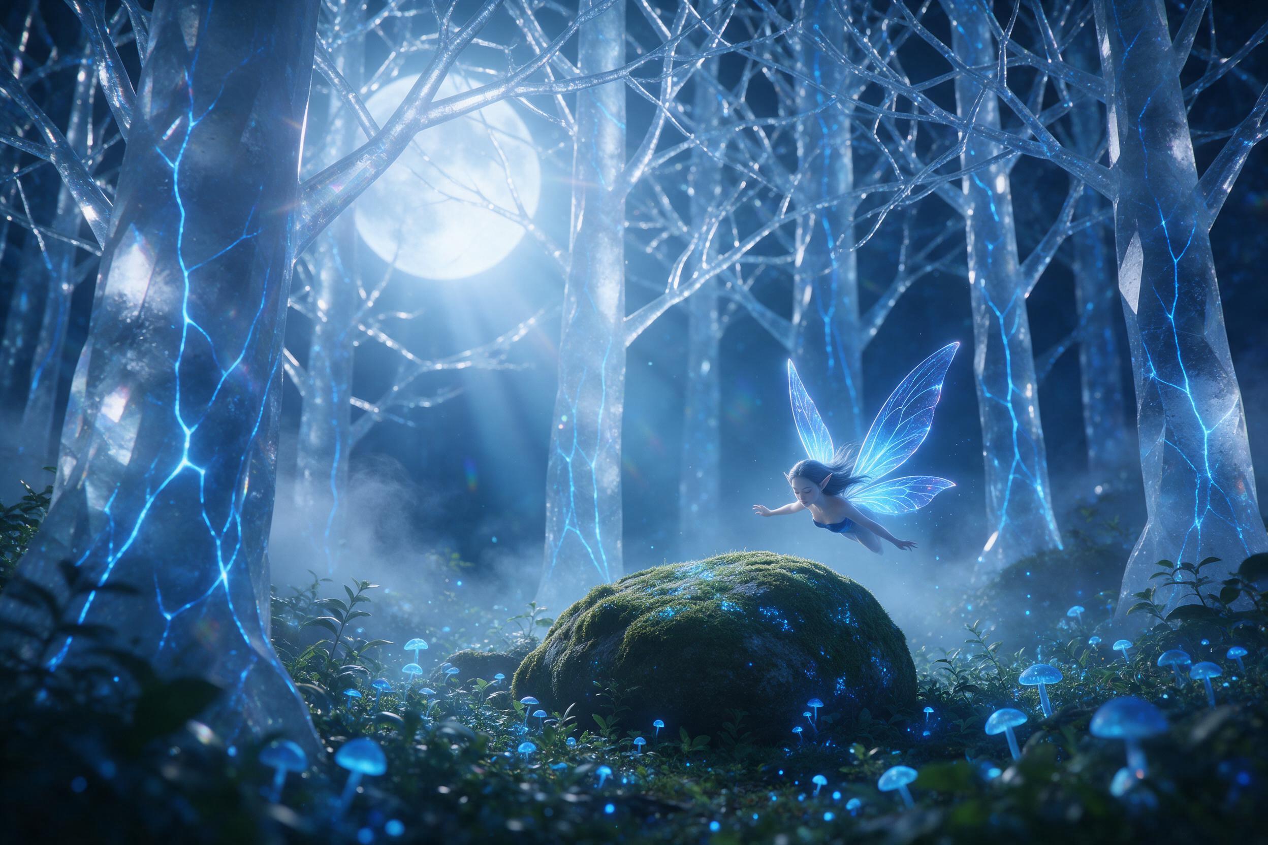 Moonlit crystalline forest, towering translucent trees with glowing blue veins, ethereal mist swirling between trunks, a small fairy with luminescent wings hovering over a mossy stone, soft cool moonlight filtering through canopy, shallow depth of field, lens flare, cinematic composition.