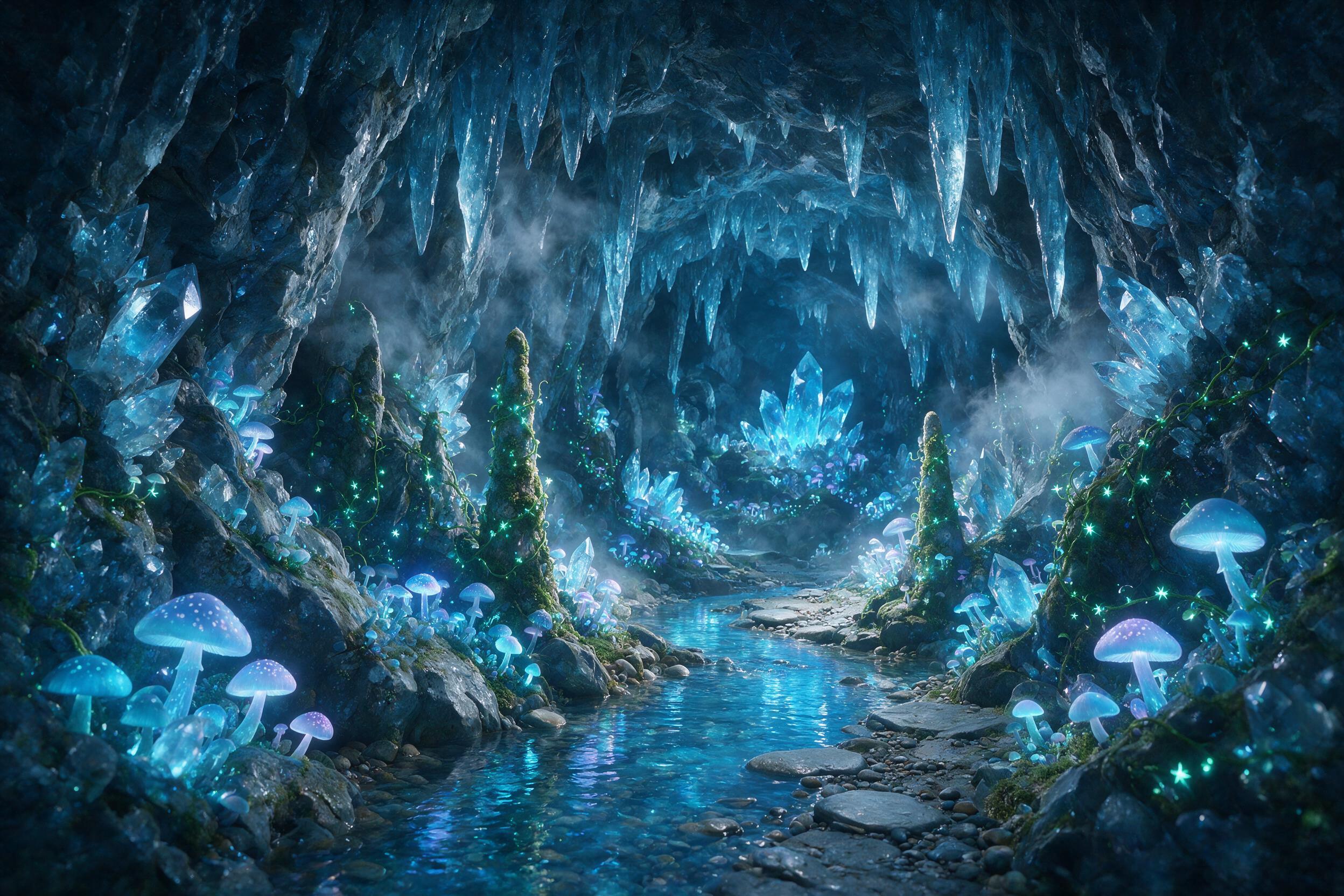 A glowing crystal cave deep underground, bioluminescent mushrooms and vines illuminate the jagged rock walls, a small stream reflects the soft blue light, mist swirls around ancient stalactites, composition with a narrow path leading into the distance, natural lighting from the crystals, slight haze