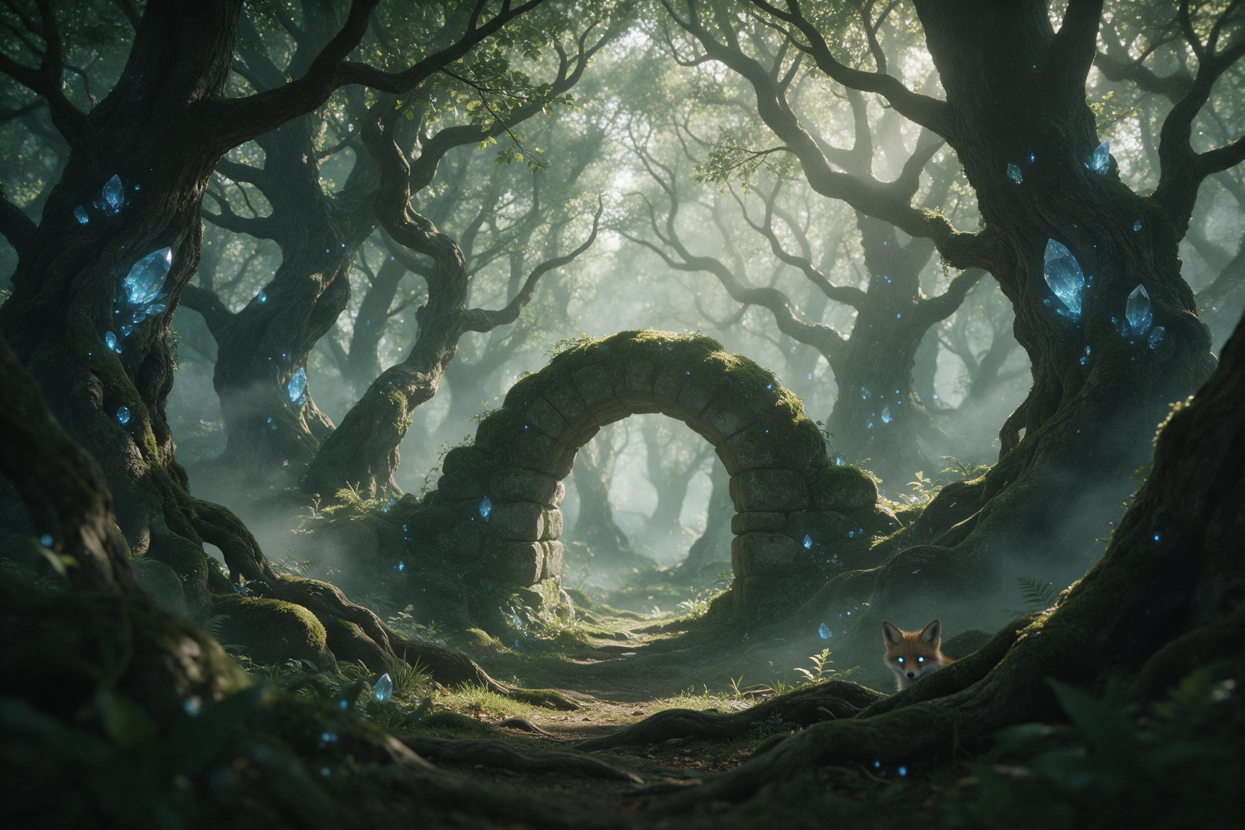 A moss-covered stone archway in an ancient forest, glowing blue crystals embedded in the bark, soft mist weaving between gnarled trees, a small fox with luminous eyes peeking from behind a root, ethereal light rays filtering through the canopy, muted greens and teal palette, shallow depth of field, 