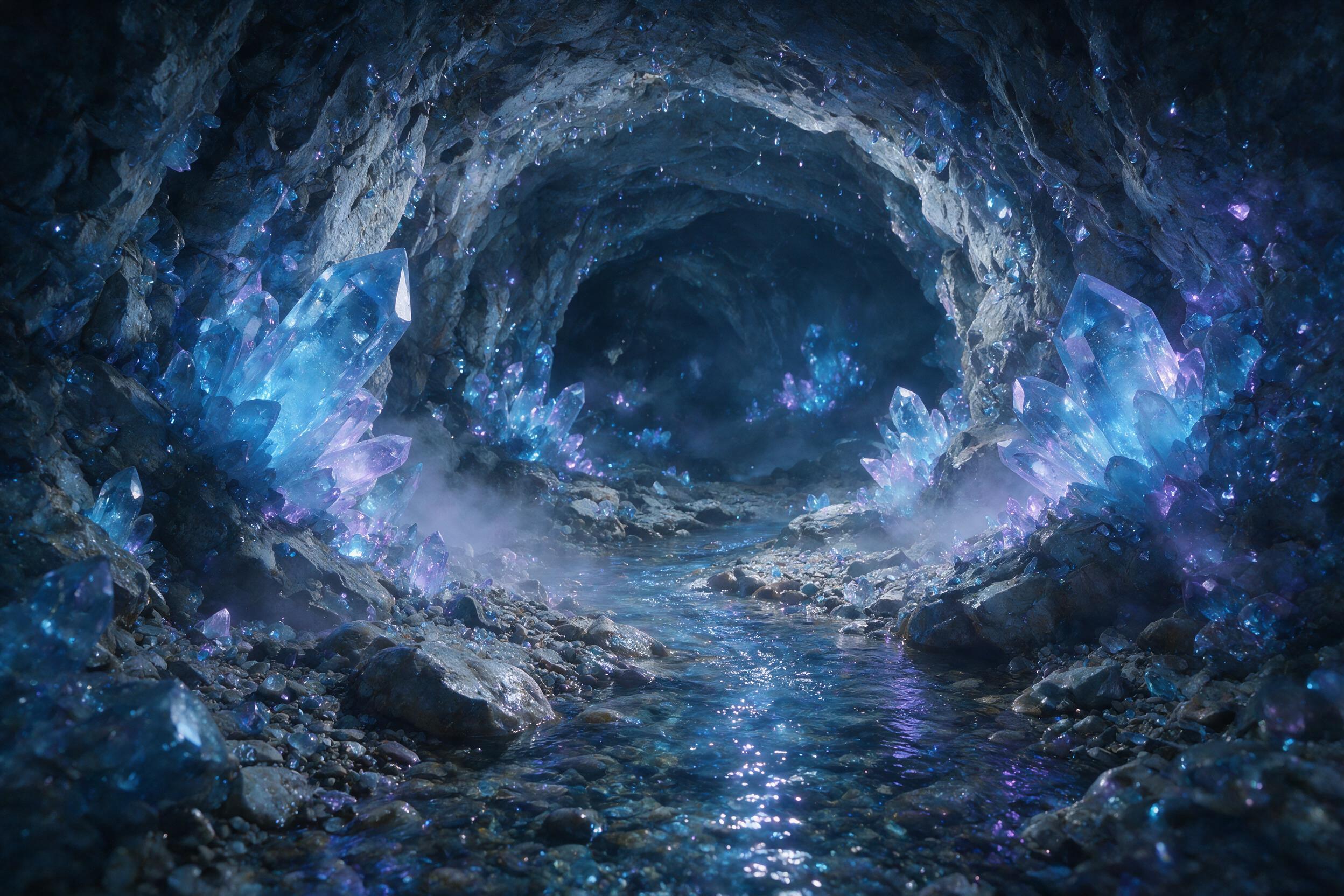 A luminous crystal cave deep underground, glowing blue and purple crystals jut from rough stone walls, a small stream reflects the light, mist swirls, soft bioluminescence, wide-angle composition, mysterious atmosphere.
