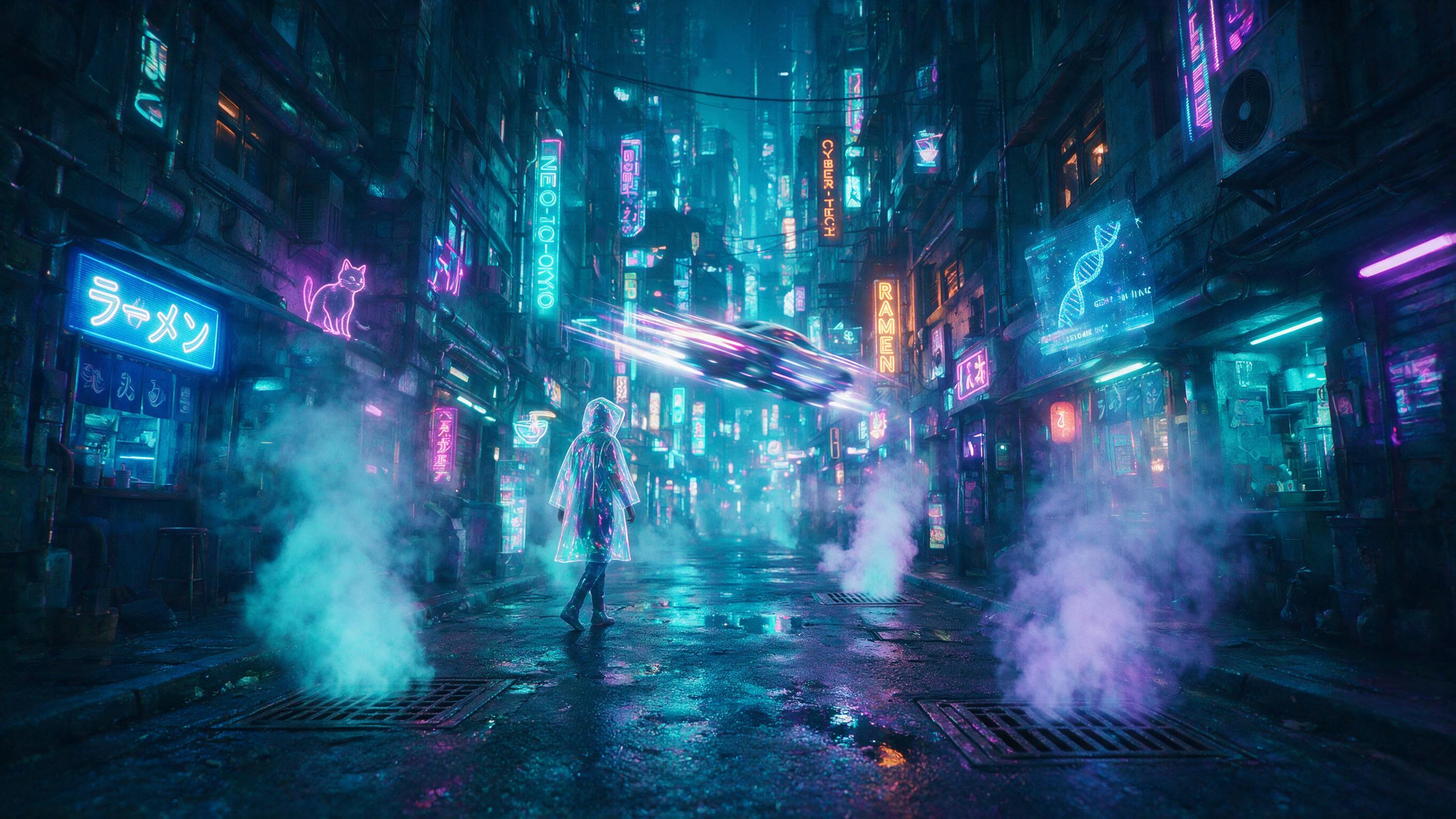 A lone figure in a holographic raincoat walks through a neon-lit alley in a cyberpunk city, steam rising from vents, wet pavement reflecting cyan and magenta signs, motion blur from a passing hovercar, shallow depth of field, moody atmosphere.