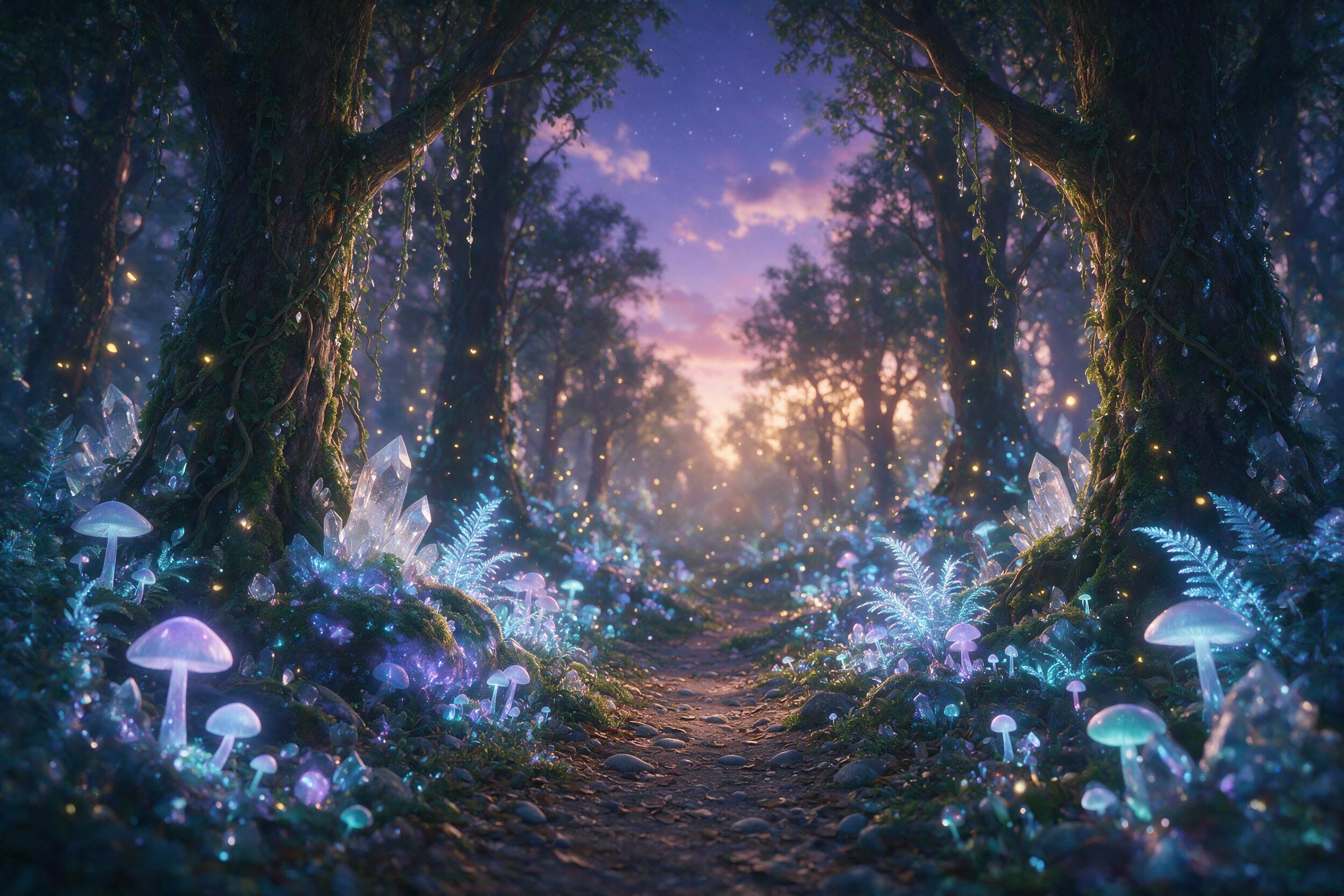 A glowing crystal forest at twilight, bioluminescent mushrooms and ferns casting soft blue-violet light, a misty path winding through ancient trees, fireflies drifting in the air, shallow depth of field, gentle backlight, ethereal atmosphere, no people.
