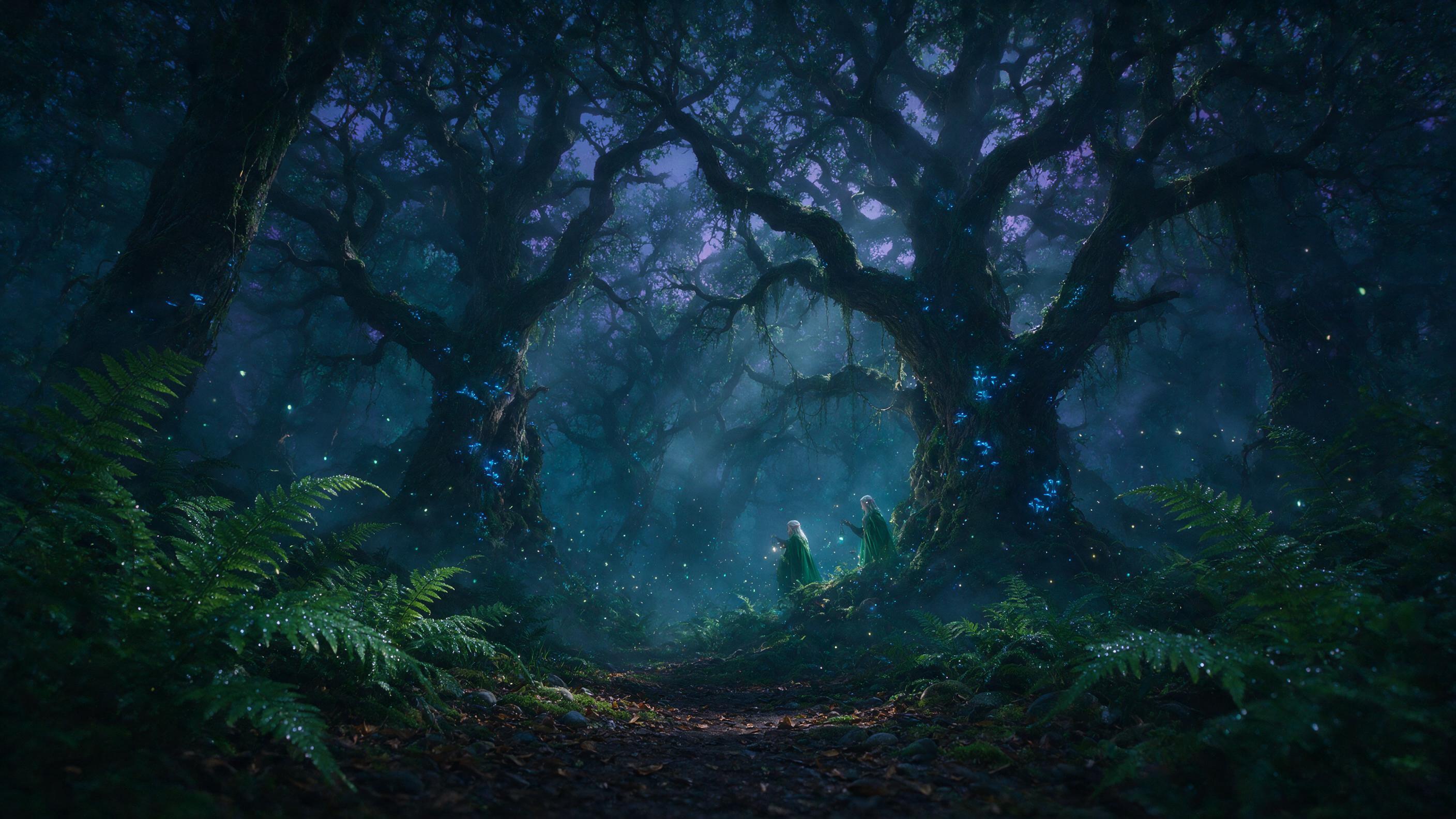 A misty twilight forest, ancient twisted oaks glowing with faint blue bioluminescent fungi. A silver-haired elf in emerald cloak stands among fireflies, holding a lantern. Soft volumetric light rays pierce foggy canopy, deep teal and violet palette. Wide-angle composition, foreground ferns with dew.