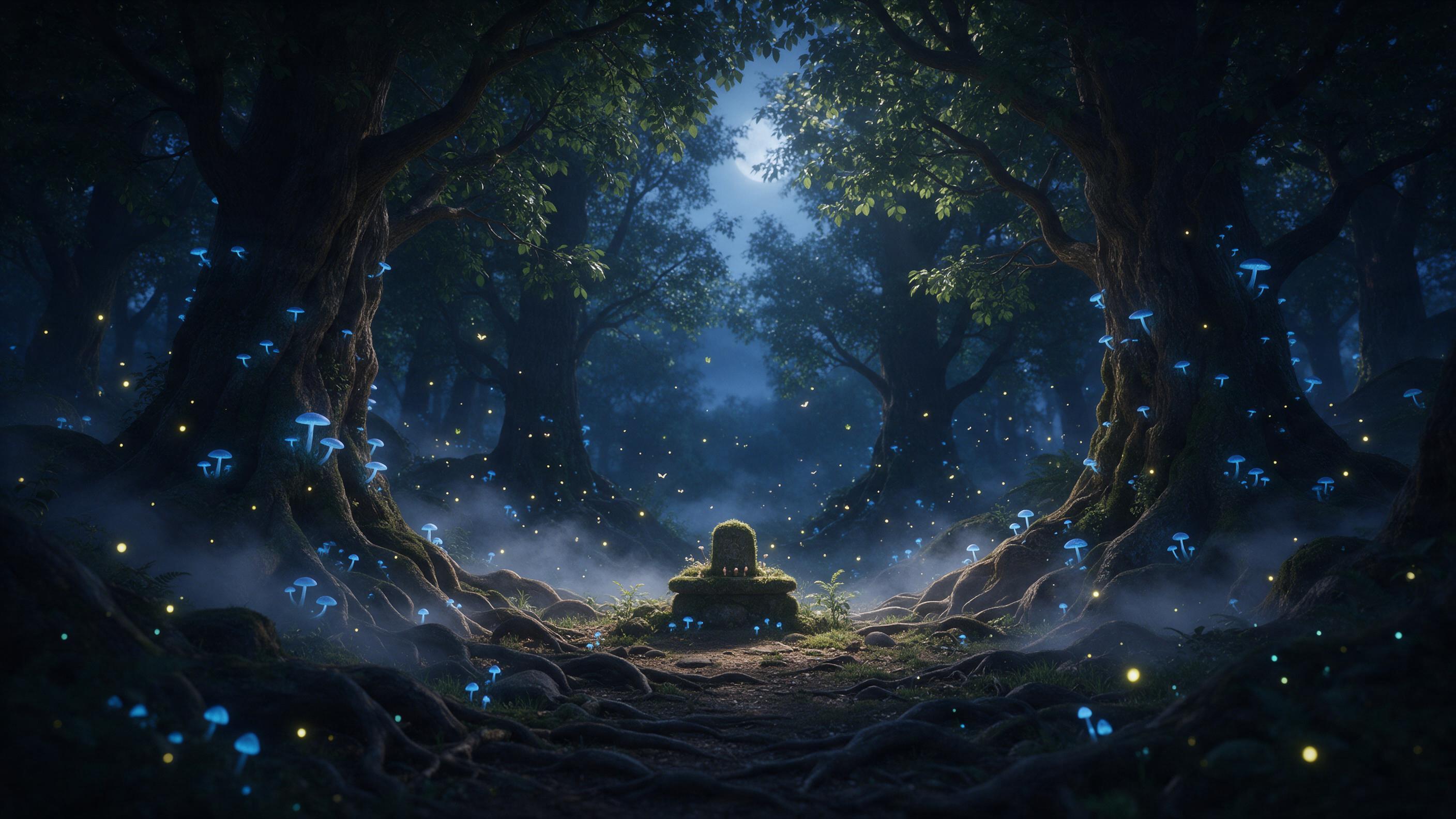 A mystical forest clearing at twilight, ancient trees with glowing blue mushrooms and floating fireflies, mist curling around gnarled roots, a small stone altar covered in moss, soft moonlight filtering through leaves, ethereal atmosphere
