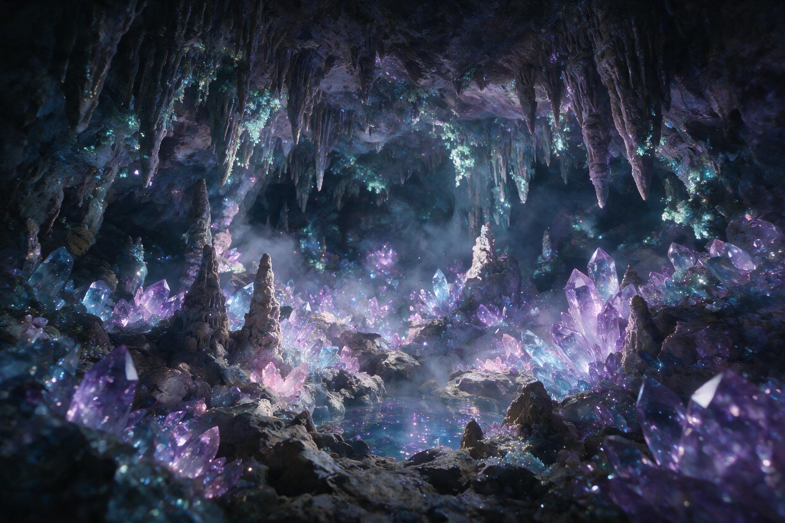 A glowing crystal cave deep underground, bioluminescent moss clinging to stalactites, a small pool of shimmering water reflecting purple and blue light, soft mist rising, ethereal atmosphere, slight camera shake, natural lighting from crystals