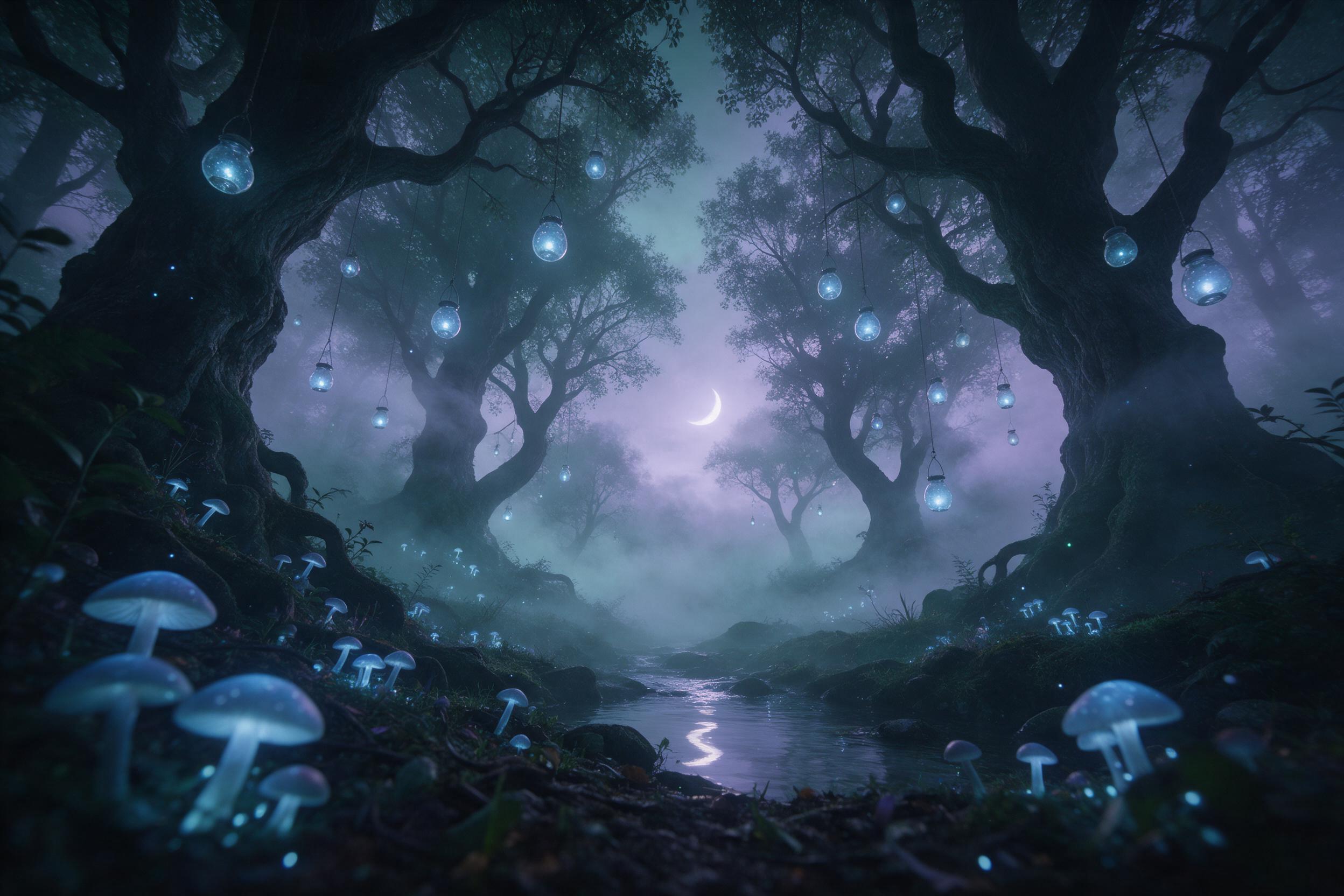 In an enchanted forest, bioluminescent mushrooms and floating glass lanterns emit soft blue light, a gentle stream reflects a crescent moon, dense fog swirls between ancient gnarled trees, perspective from the forest floor looking up, dreamlike ethereal atmosphere, muted teal and violet tones, soft 
