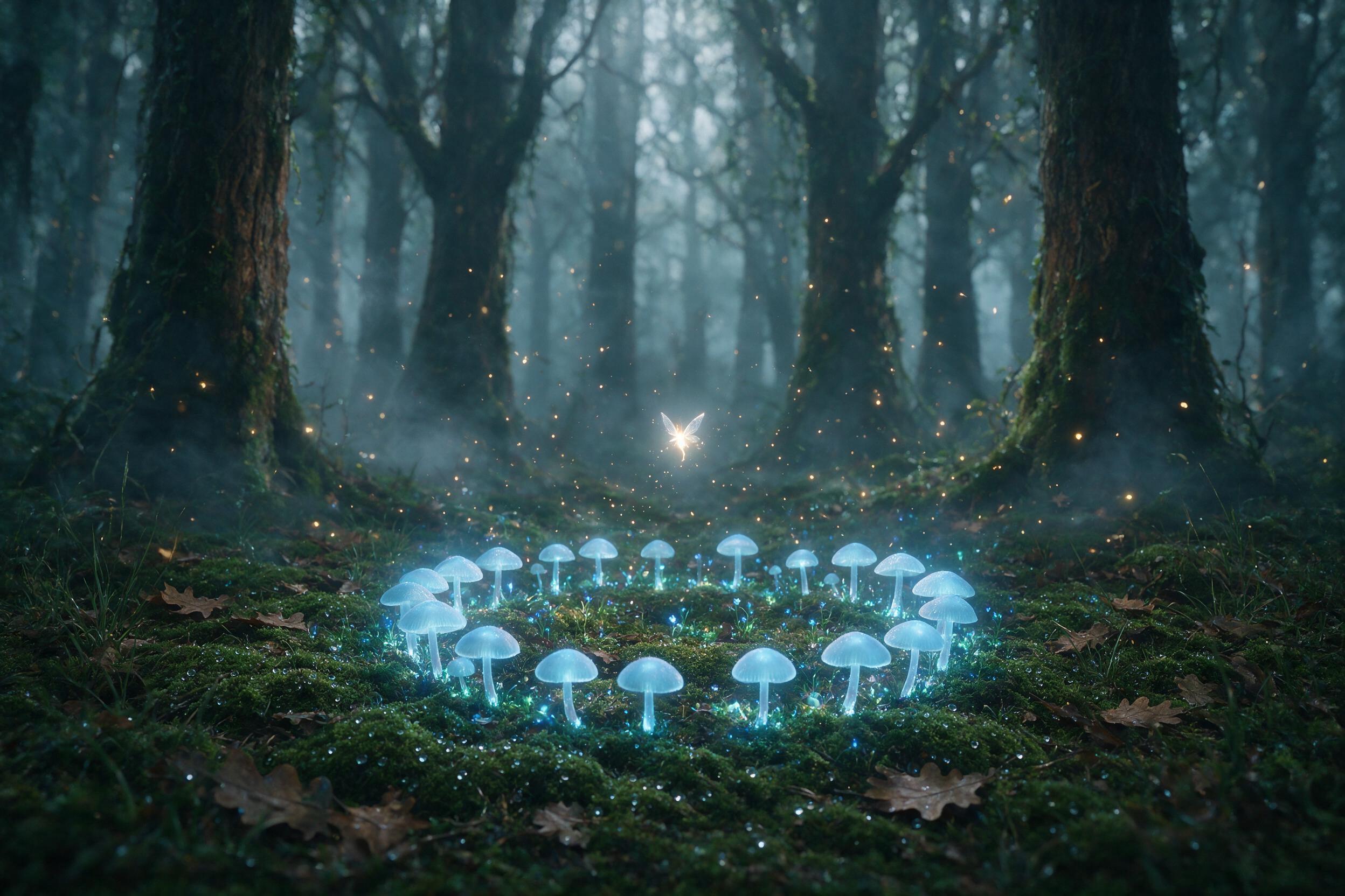 A luminous fairy with translucent wings hovers above a glowing mushroom circle in a misty forest, soft blue bioluminescent light, shallow depth of field, dewdrops on moss, subtle fog, warm golden sparks floating in air, cinematic composition.