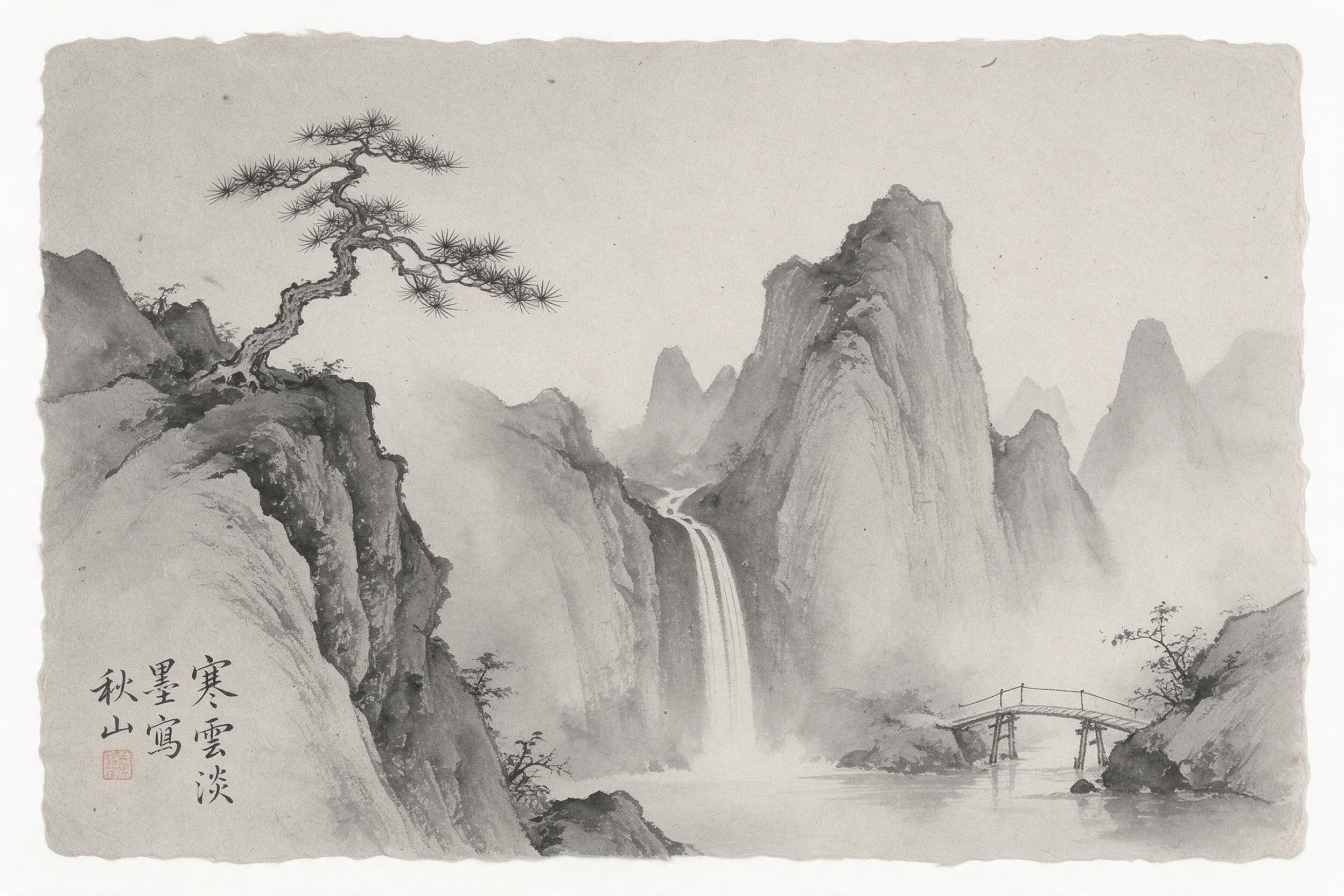A traditional Chinese ink wash painting of misty mountain peaks, a lone pine tree on a cliff, cascading waterfall, a small wooden bridge, soft gray washes, delicate brushstrokes, poetic empty space, grey paper texture, minimalist composition