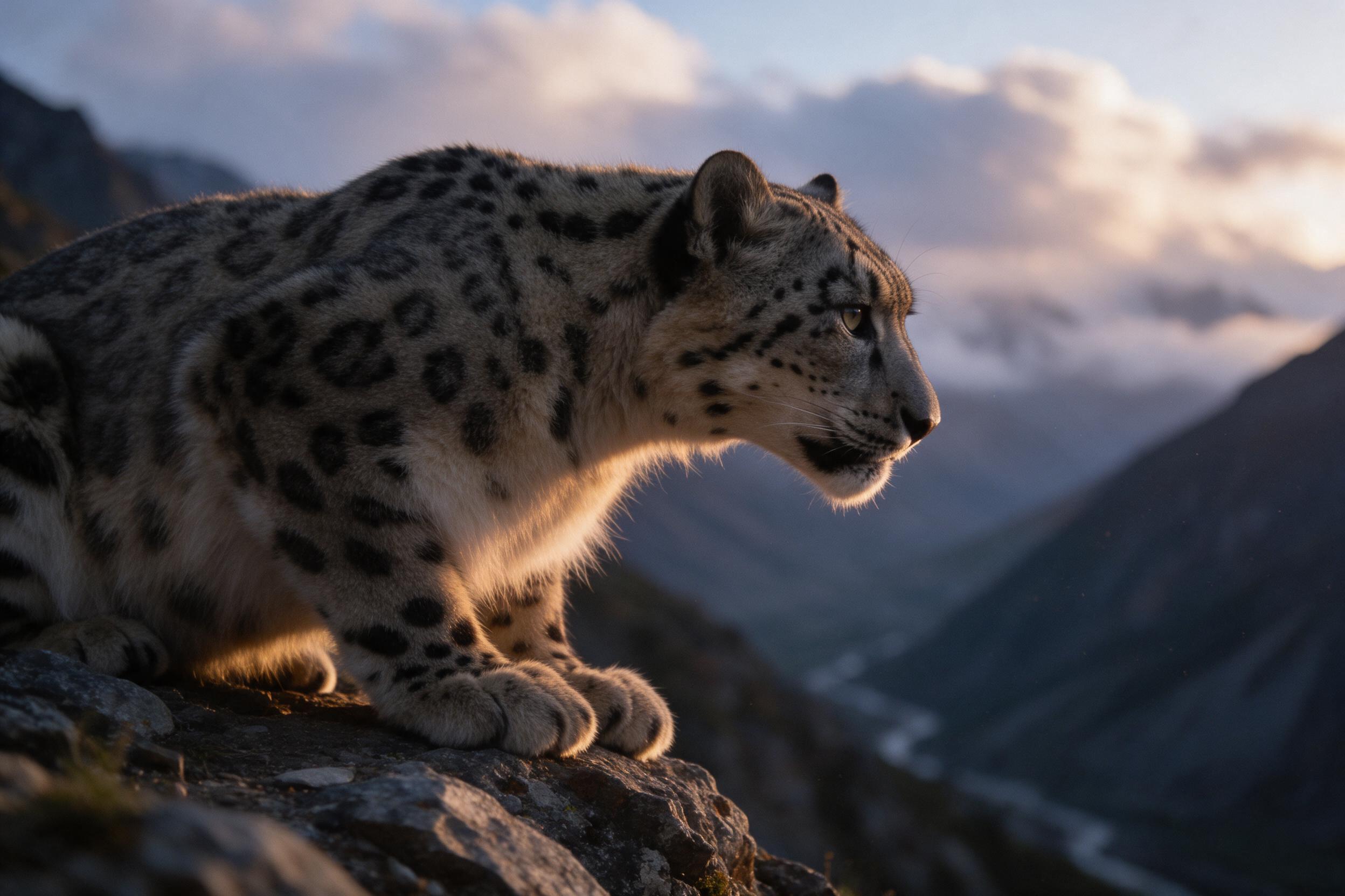 A snow leopard crouches on a rocky outcrop at dusk, its spotted fur catching the last golden light. The background is a blurred Himalayan valley, soft clouds. Composition: tight profile shot, shallow depth of field, slight grain, natural cold air haze.