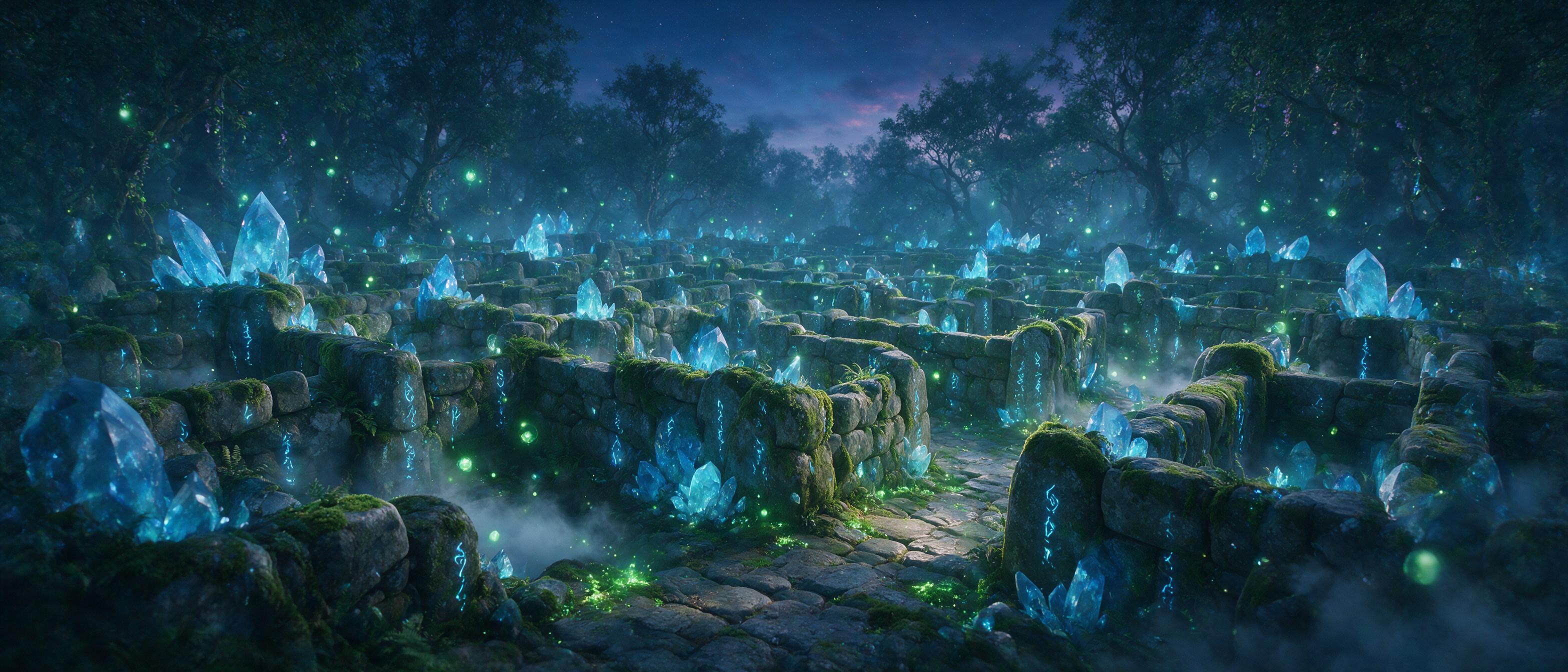 A glowing crystal labyrinth deep within a misty forest at twilight, bioluminescent moss and floating emerald light orbs illuminating the stone paths, ancient runes carved into moss-covered walls, soft mist swirling around the maze, volumetric fog, cinematic composition, wide angle