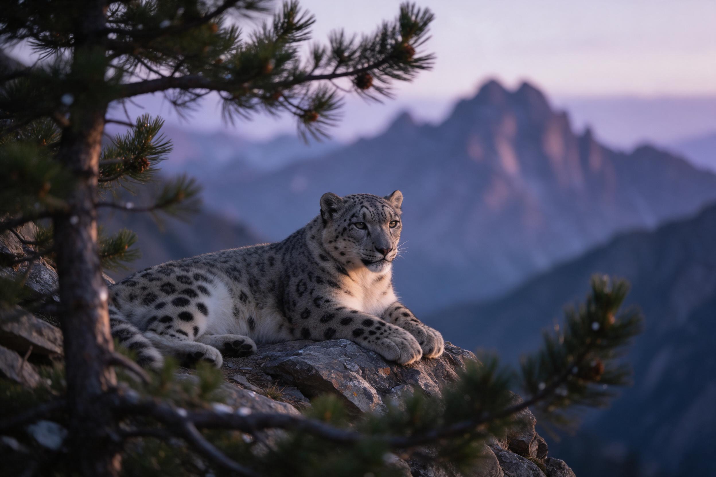 A snow leopard rests on a rocky outcrop at dusk, its spotted fur catching the last warm light, while distant jagged peaks fade into a soft purple-blue haze, the scene framed by a whispering pine branch in the foreground.