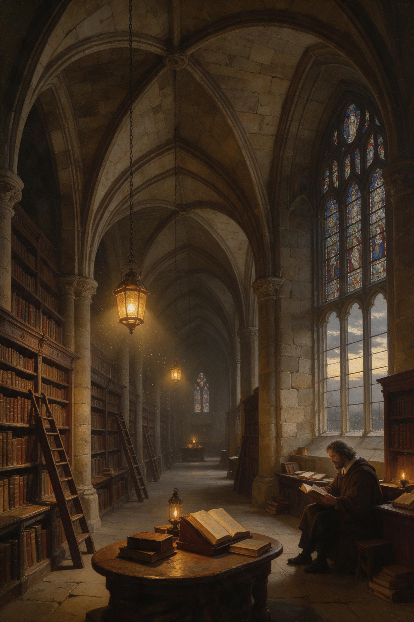 Antique stone library interior at dusk, towering arched ceilings, warm golden lantern light pooling on worn wooden shelves, dust motes drifting in shafts of light, a lone scholar reading beside a vast stained-glass window, muted earth tones, gentle shadows, classical oil painting texture.