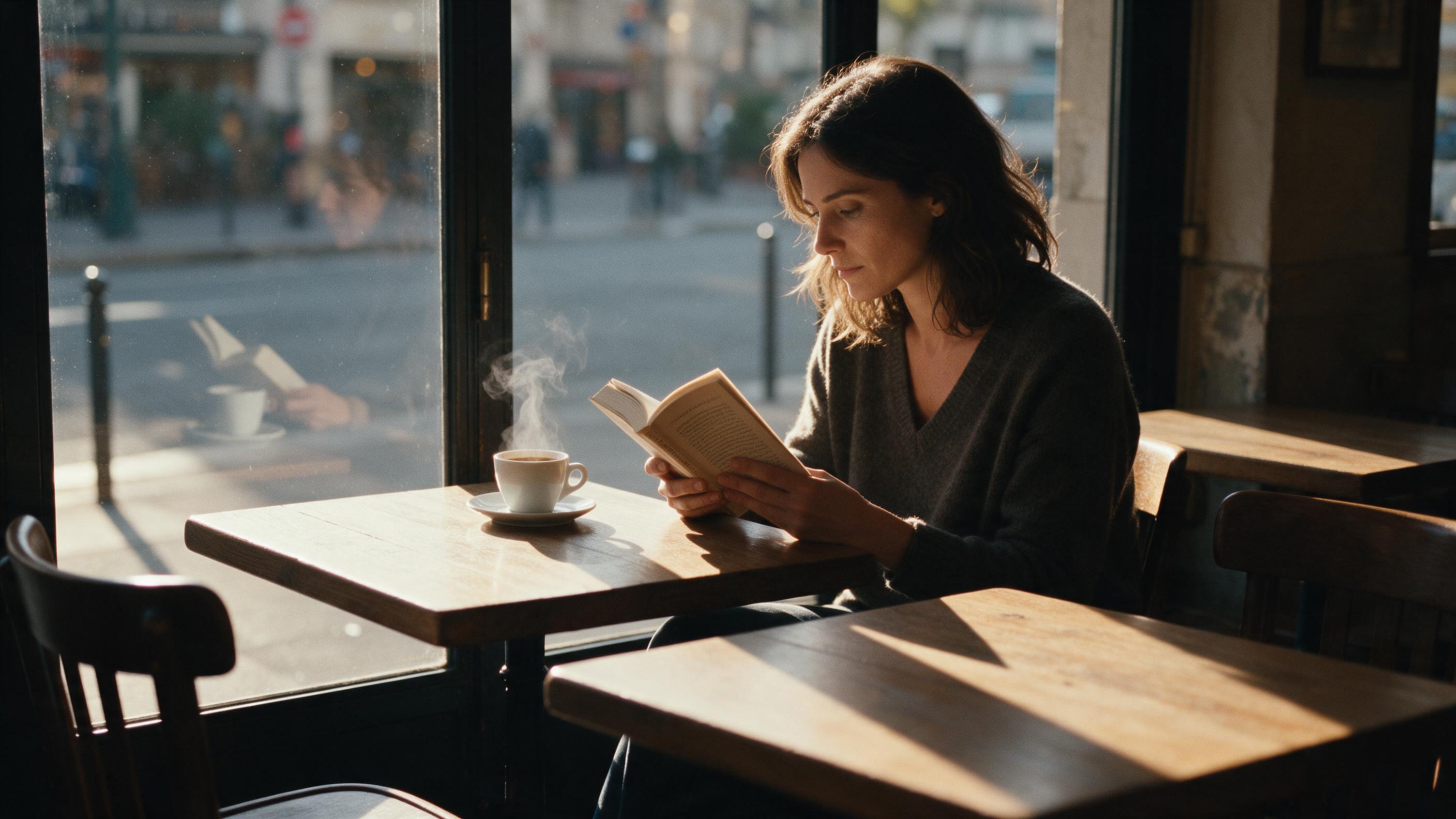 A quiet morning at a small Parisian café, a lone woman reading a book by the window. Steam rises from her espresso, warm golden sunlight streams across wooden tables, casting long shadows. View from inside, blurred street outside, subtle film grain, gentle contrast.