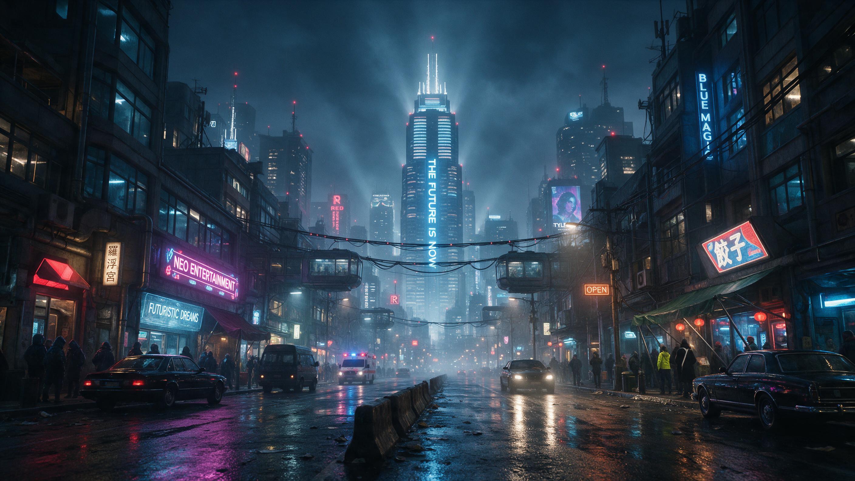 Futuristic cityscape with neon lights reflecting on wet streets, cyberpunk aesthetic, volumetric fog, cinematic lighting
