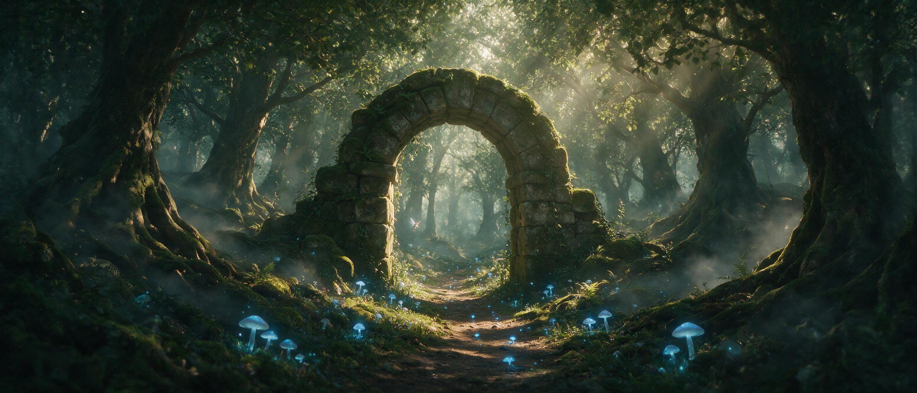 A moss-covered stone archway in a forgotten forest, glowing blue mushrooms line a winding path, soft mist curls around ancient roots, shafts of golden sunlight pierce through the canopy, a tiny fairy with translucent wings hovers near the arch, moody atmospheric lighting, cinematic composition