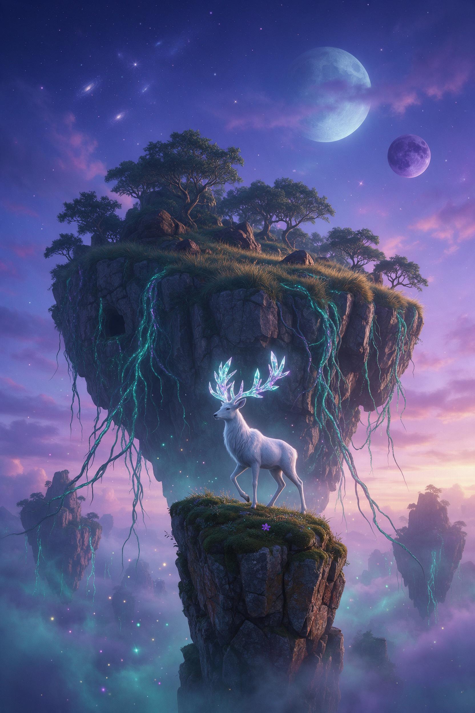 An ethereal floating island at twilight, glowing bioluminescent vines cascading down its rocky edges, a lone white stag with antlers of crystal standing on a mossy cliff, soft teal and violet mist swirling below, two moons in a starry purple sky, gentle wind-swept grass, luminous particles, cinemati