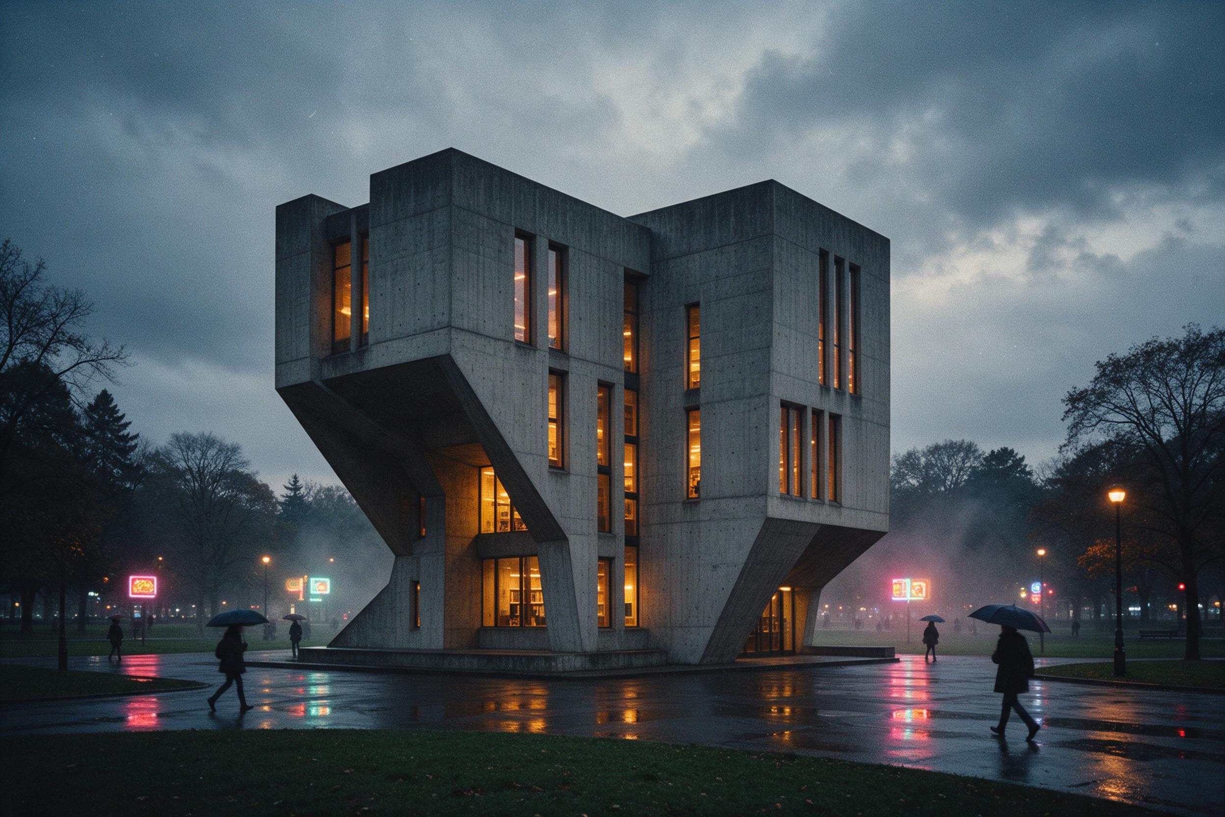 A brutalist concrete library at dusk, angular cantilevered forms, warm amber interior lights glowing through tall narrow windows, light fog, wet pavement reflecting neon signs, wide-angle view from a nearby park, people with umbrellas walking, moody overcast sky, subtle grainy film texture.
