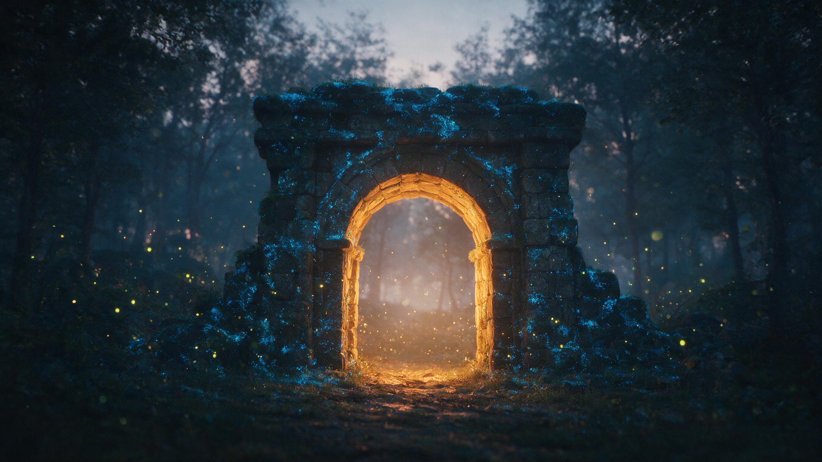 An ancient stone archway covered in glowing blue moss, standing in a misty forest at twilight, soft fireflies float around, cinematic composition, warm amber light from the archway, natural grain, no modern elements