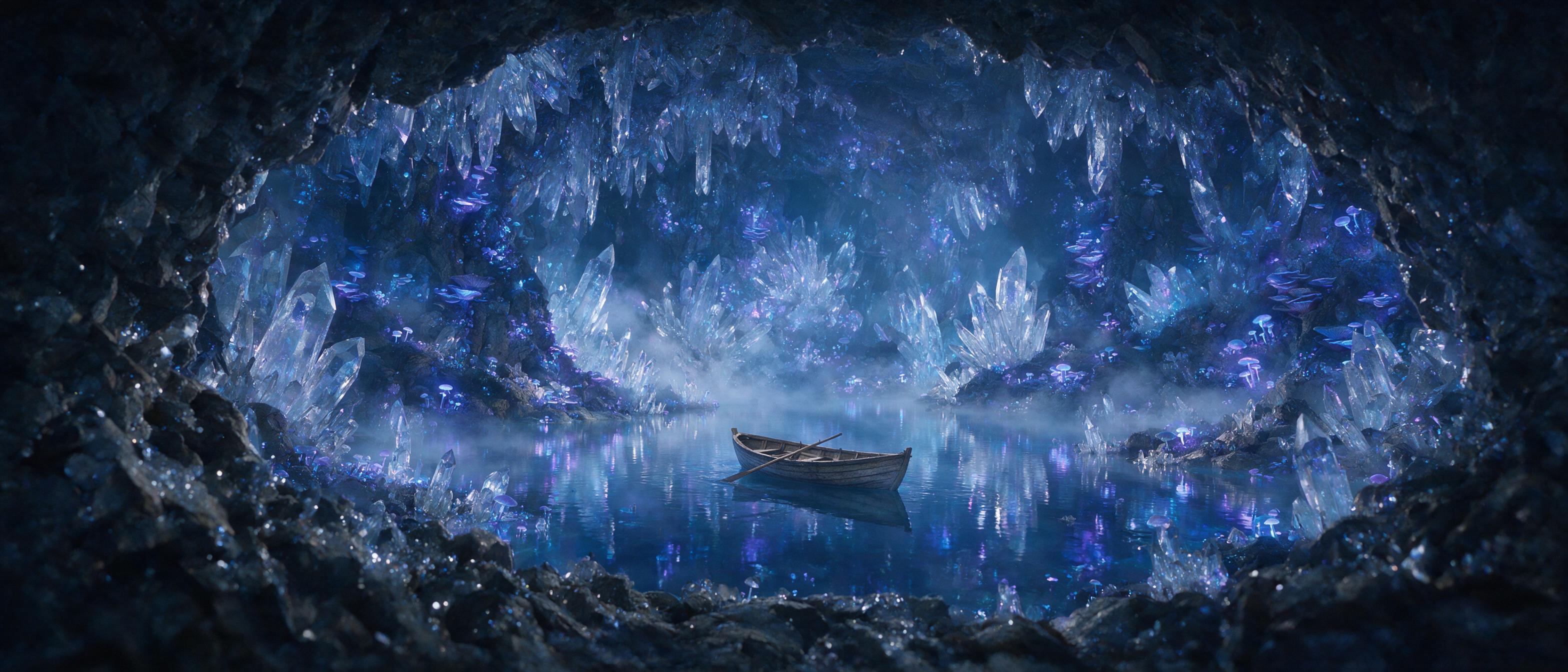 A luminous crystal cave deep underground, bioluminescent fungi casting soft blue and purple light on jagged quartz formations, a small wooden boat drifting on a still underground lake, faint mist rising, ethereal atmosphere, cinematic composition with foreground rocks framing the scene, natural ambi