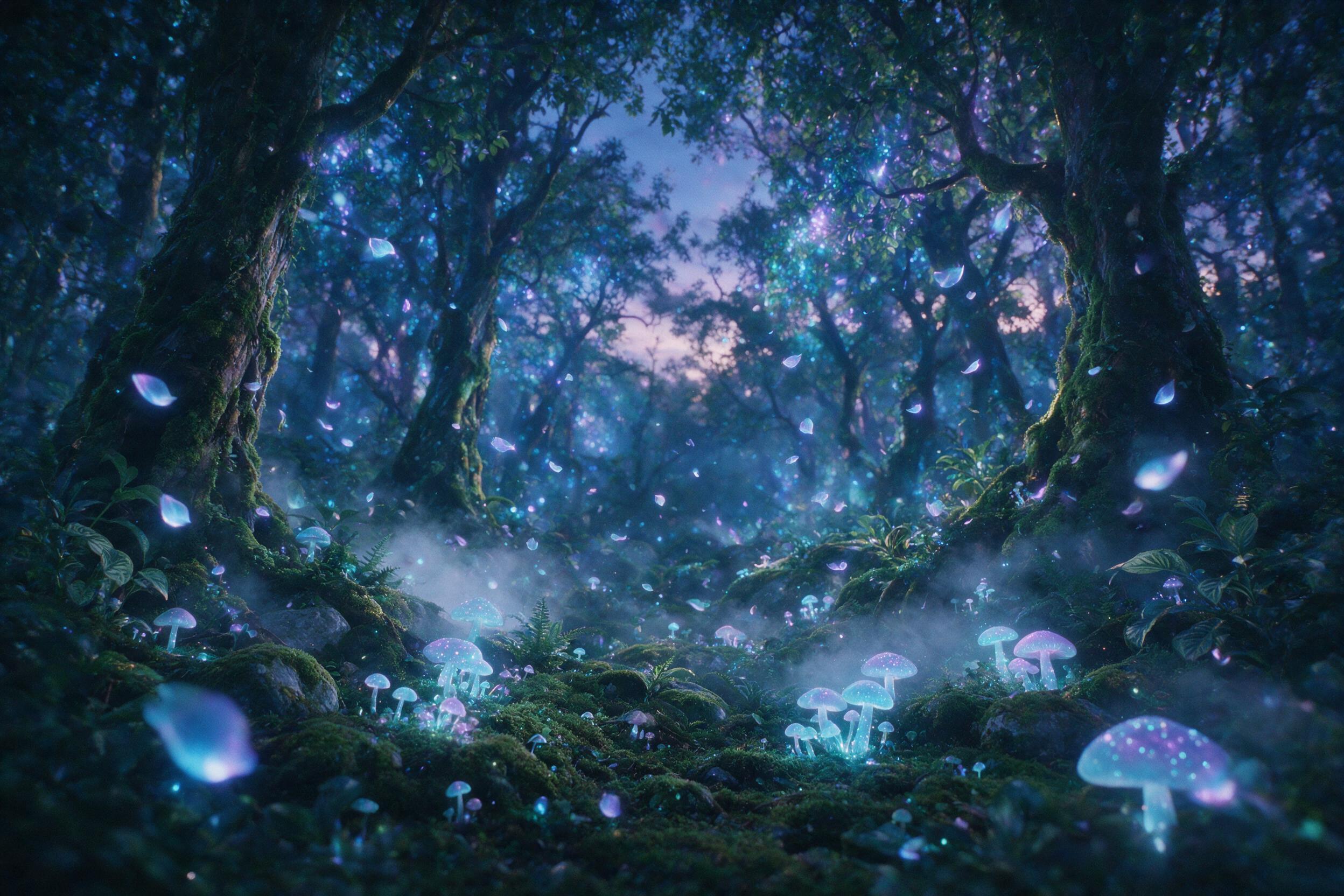 A luminous forest at twilight, with glowing mushrooms scattered across the mossy ground, bioluminescent petals drifting through the air, soft purple and blue light filtering through tall ancient trees, gentle mist curling around the roots, slight camera shake, natural grain, 35mm lens