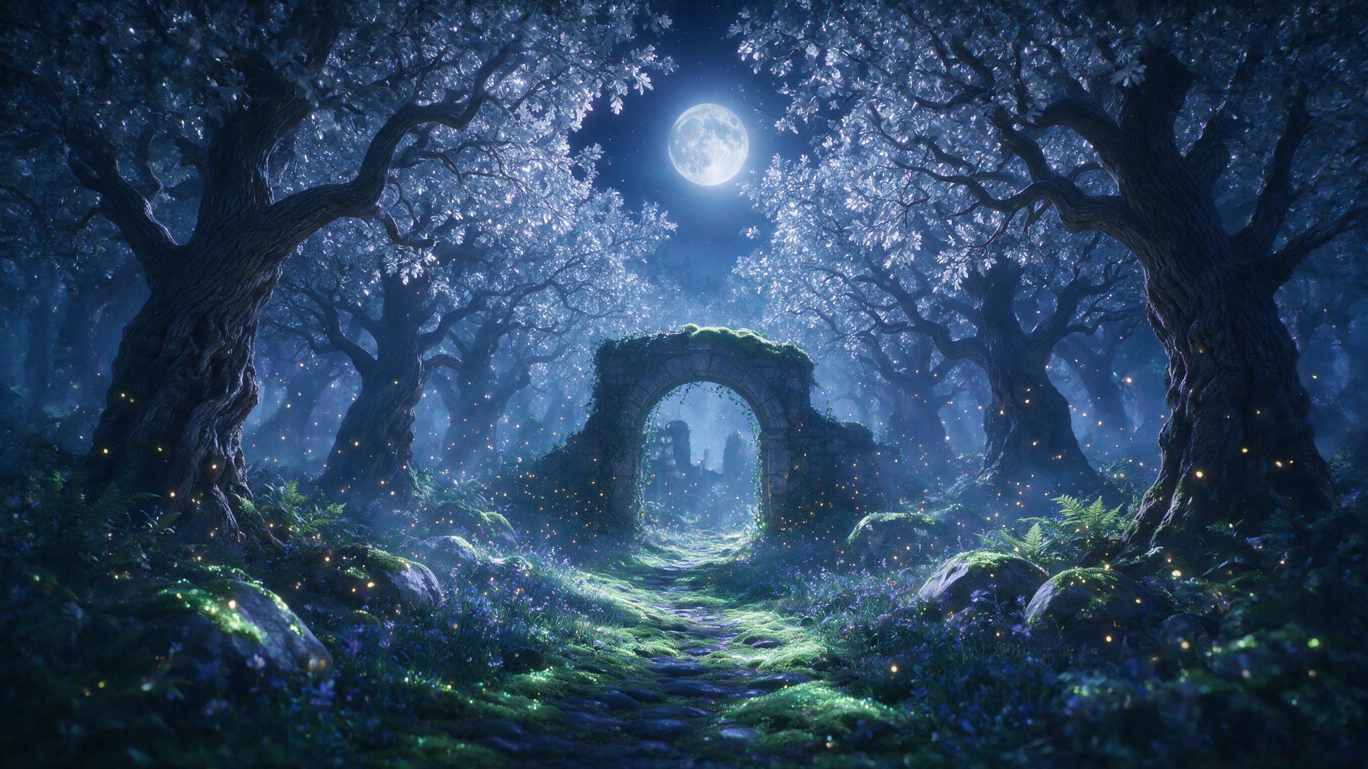 A moonlit enchanted forest, ancient twisted oaks with glowing silver leaves, a narrow path of luminous moss leading to a forgotten stone archway, fireflies drifting in misty air, soft blue and violet palette, ethereal light rays filtering through canopy, dreamlike atmosphere, slight soft focus, cine