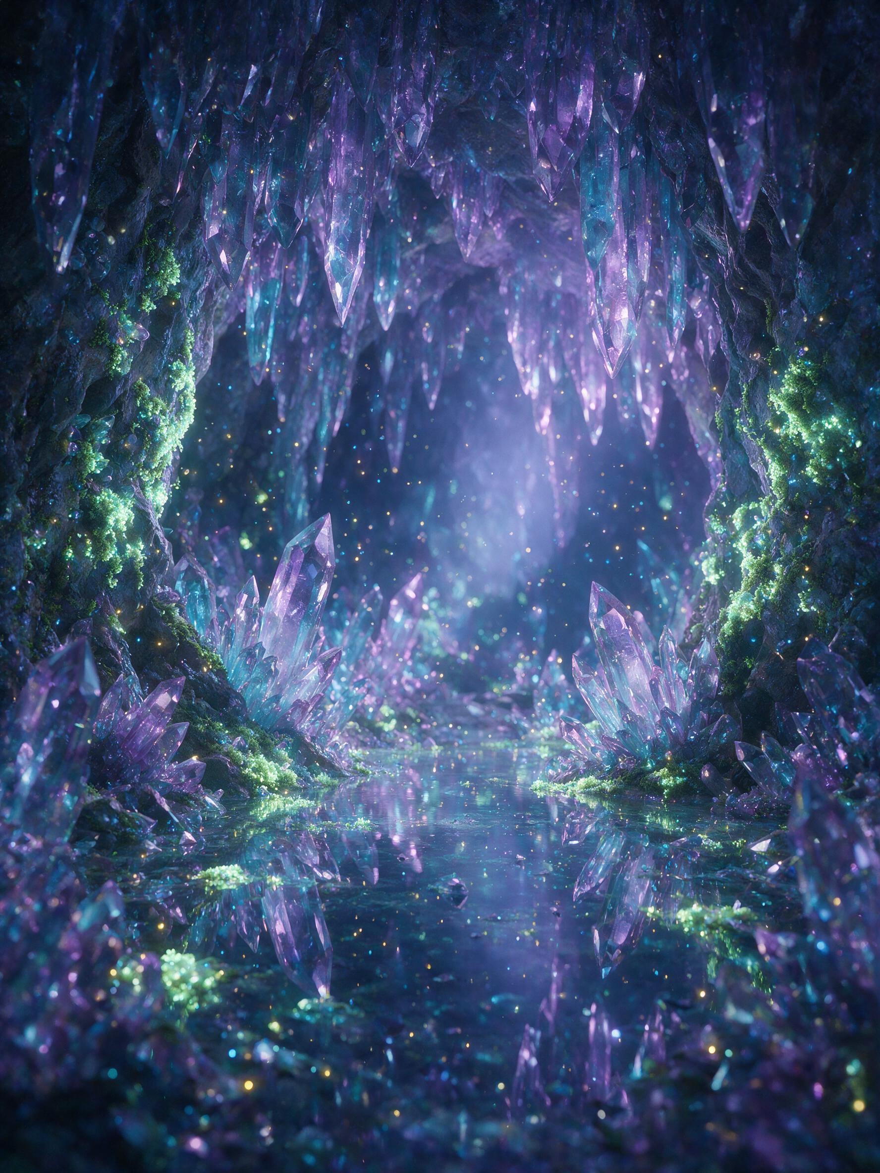 A luminous crystal cave deep underground, bioluminescent moss and floating glowing spores, still pool reflecting stalactites, soft violet and cyan light, ethereal atmosphere, sharp focus, macro perspective