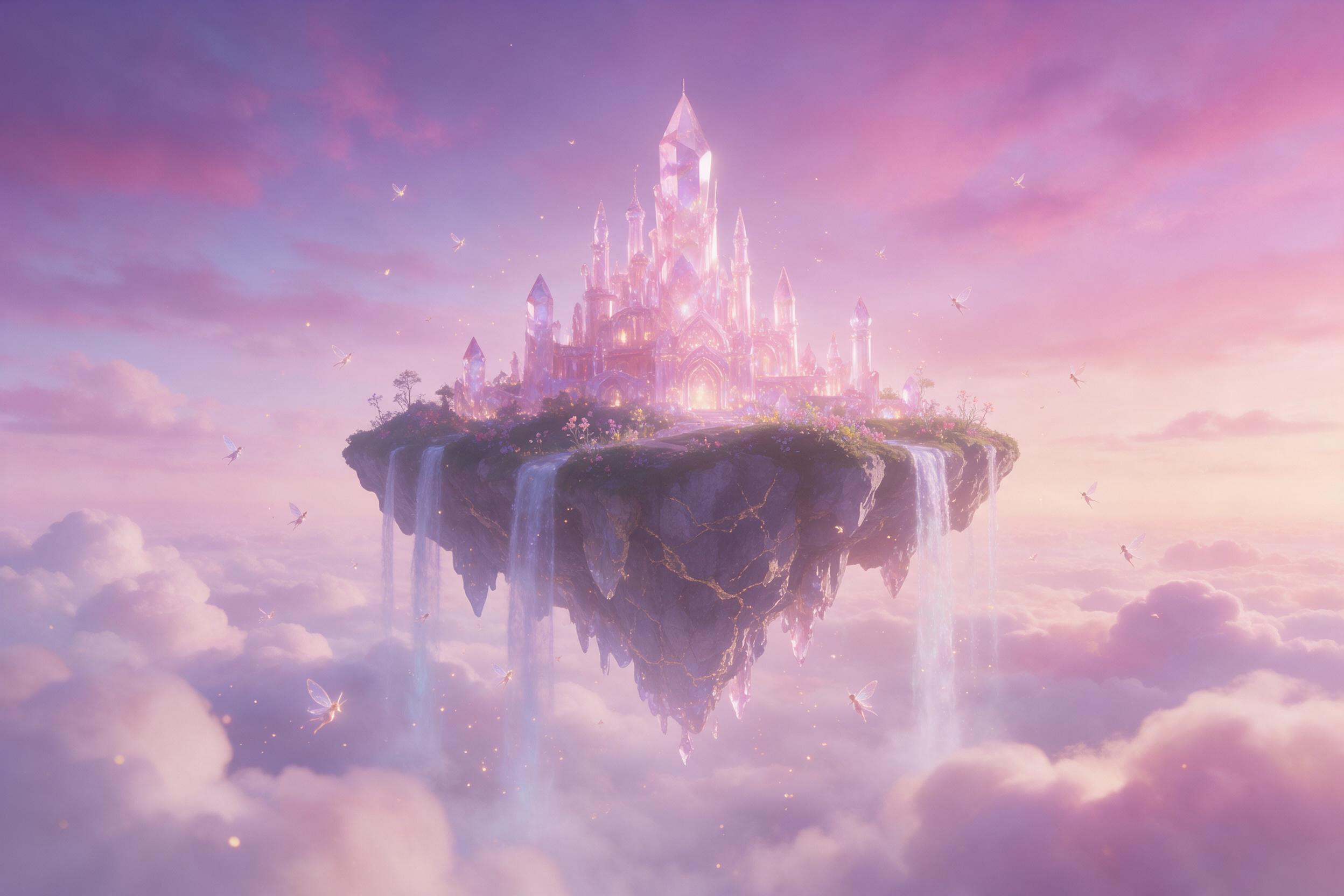 A floating island with a glowing crystal palace, waterfalls cascading into misty clouds below, ethereal light, pink and purple sky, tiny winged figures flying around, dreamlike atmosphere, soft focus