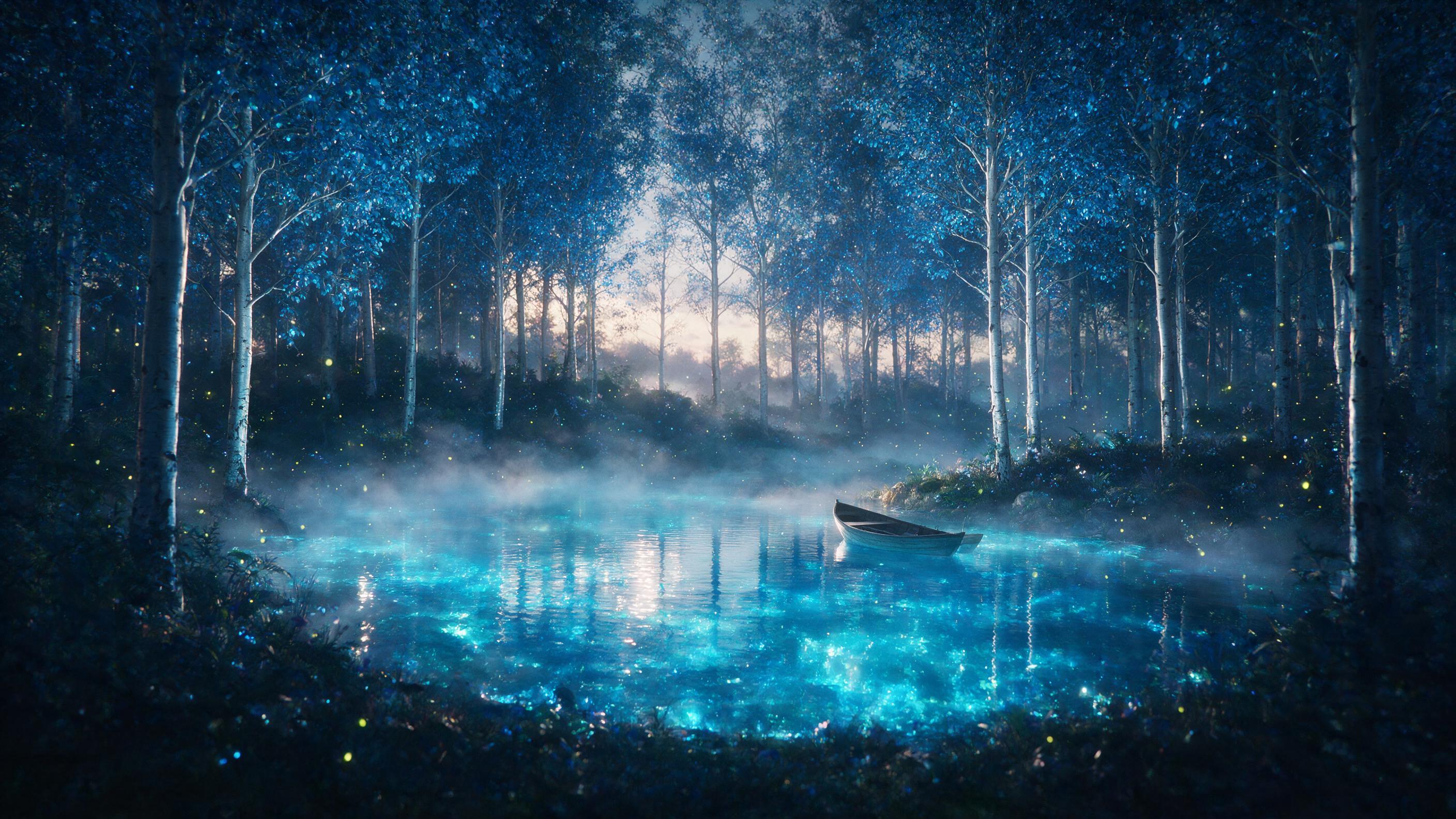 A glowing crystal lake nestled in a bioluminescent forest, tall silver trees with luminescent blue leaves, mist curling over the water, a small wooden boat with no passenger drifting near the shore. Soft twilight glow, fireflies dotting the air, reflections shimmering. Wide-angle, high contrast, eth