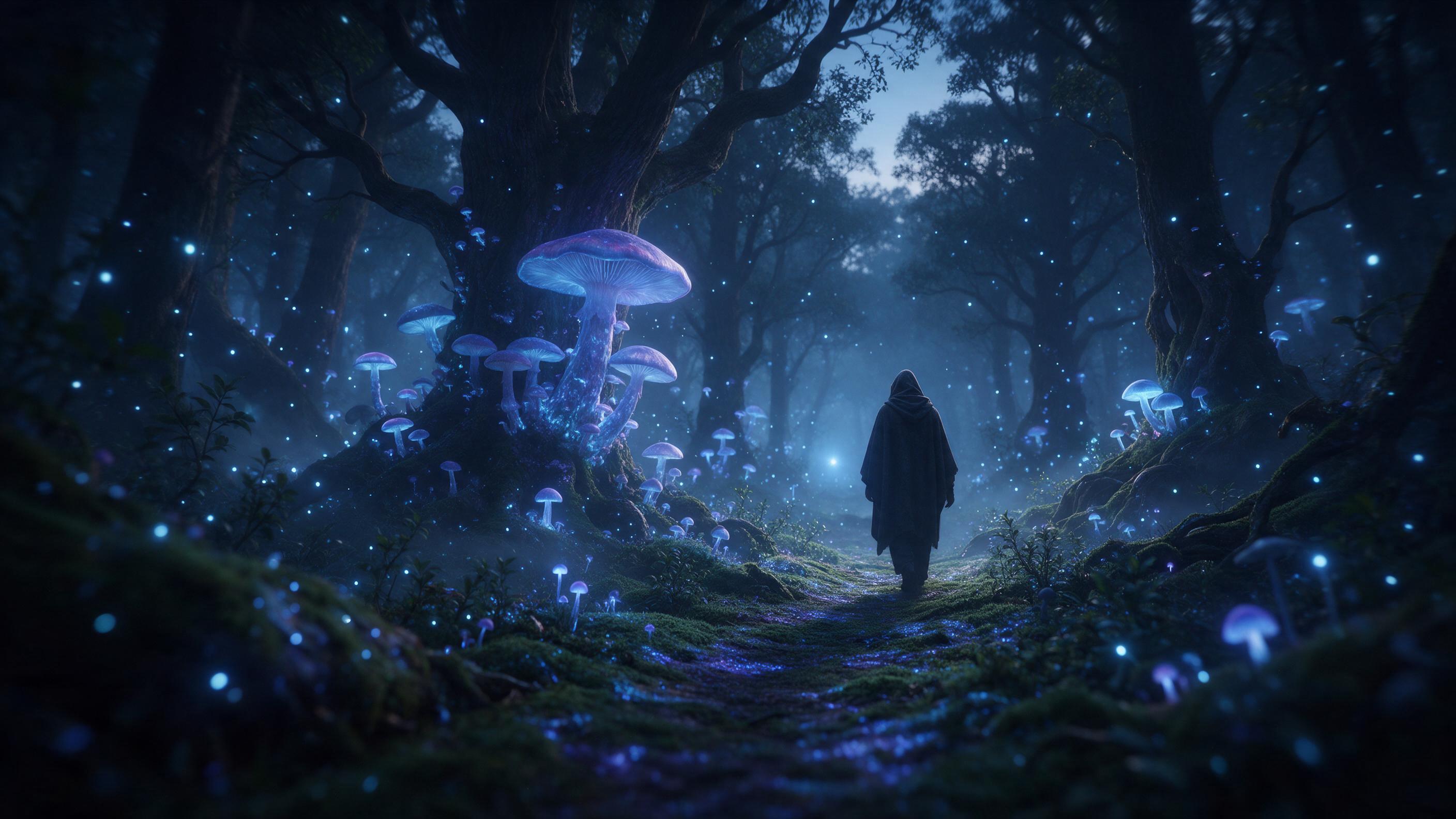 An ancient, bioluminescent forest at dusk, towering glowing mushrooms casting soft blue and violet light onto a mossy path, fireflies swirling in the mist, a lone hooded figure walking away, cinematic wide shot, moody atmosphere, soft focus edges