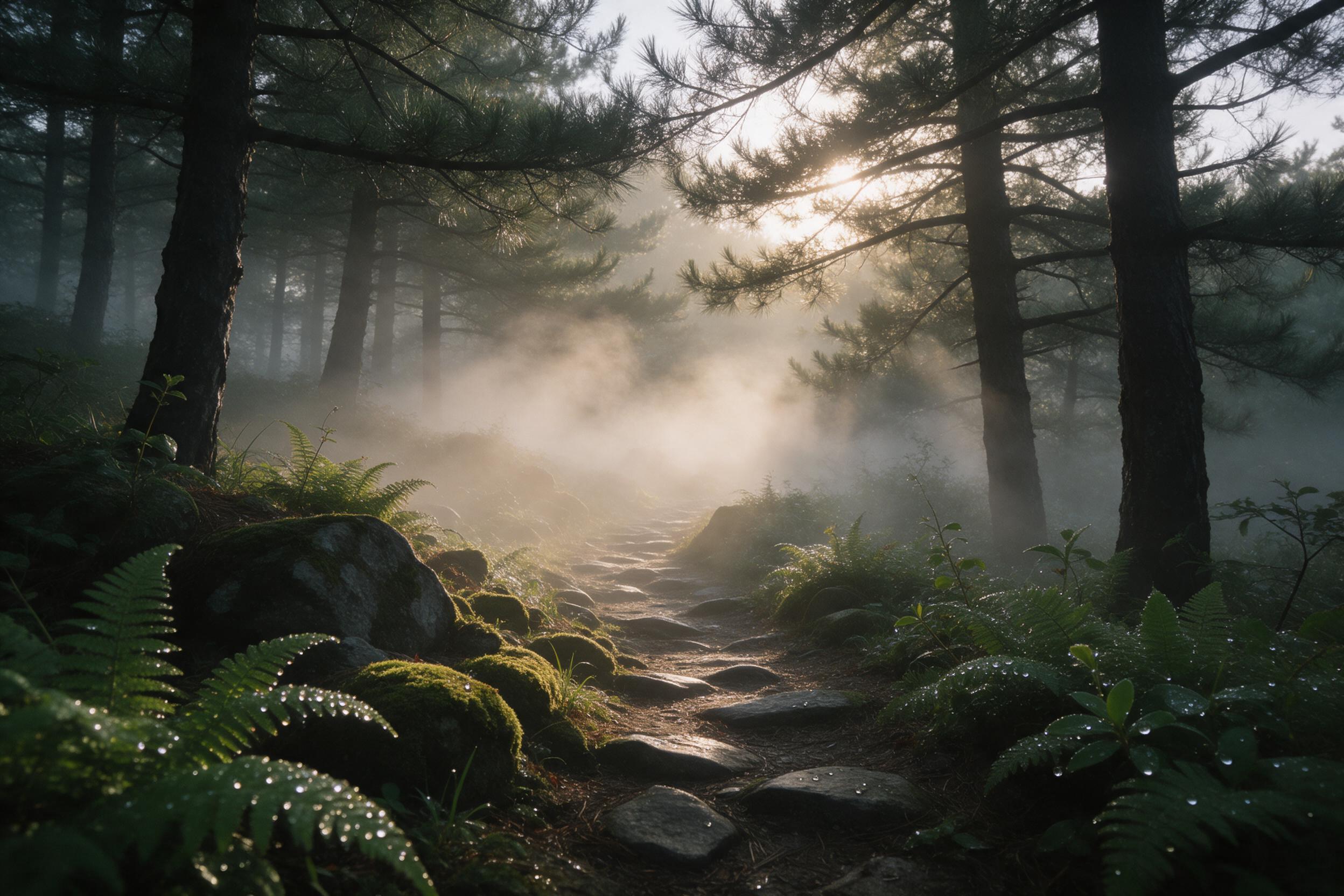 A winding path through a misty pine forest at dawn, low sunlight filtering through branches, rays illuminating drifting fog, moss-covered stones and ferns lining the trail, dew drops on leaves, natural color palette, soft atmospheric perspective, slight camera grain.