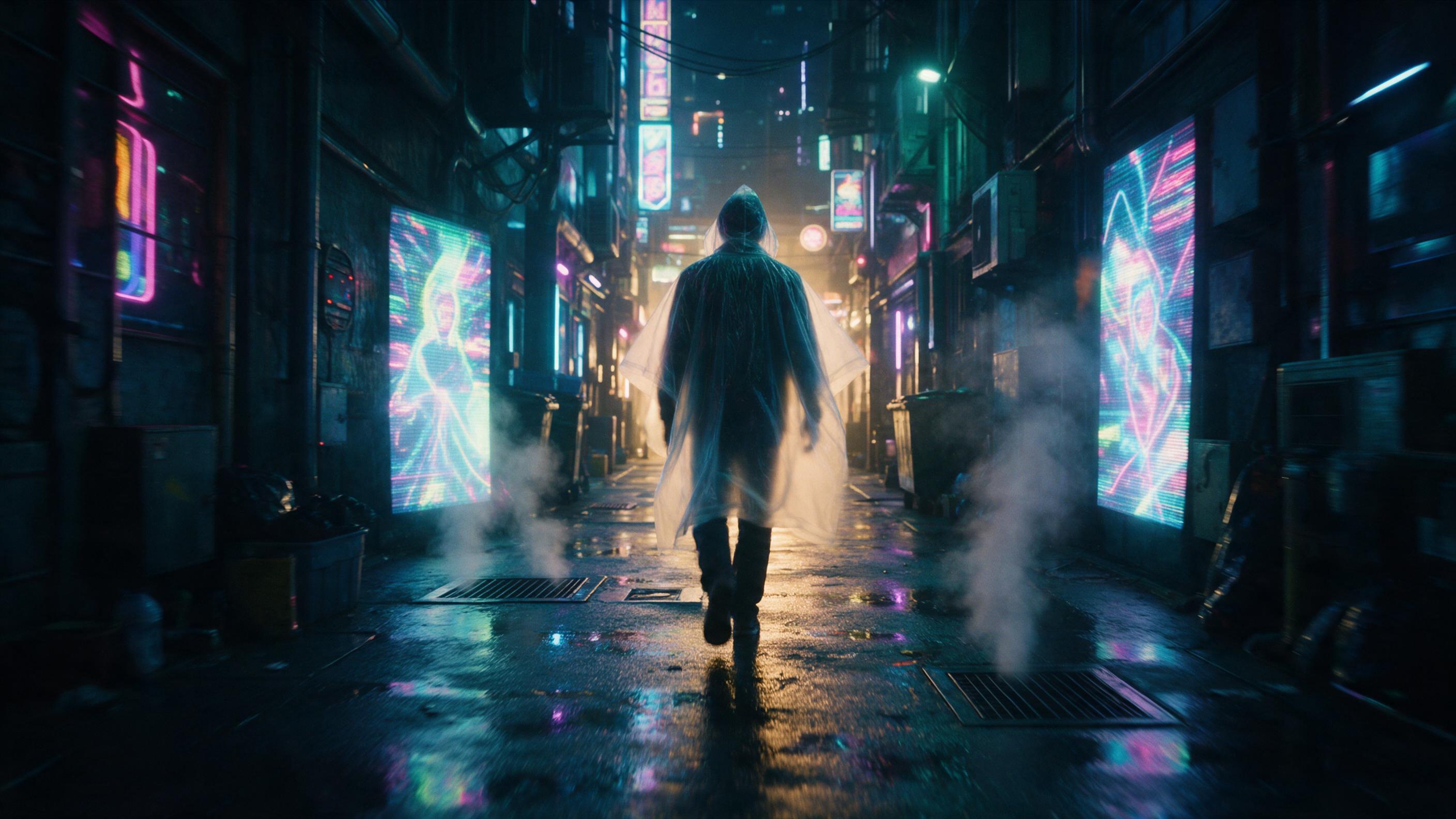 A neon-lit cyberpunk alley at night, rain-slicked pavement reflecting holographic advertisements, a lone figure in a translucent raincoat walking toward a distant glow, steam rising from vents, cinematic composition with shallow depth of field, slight motion blur on the figure