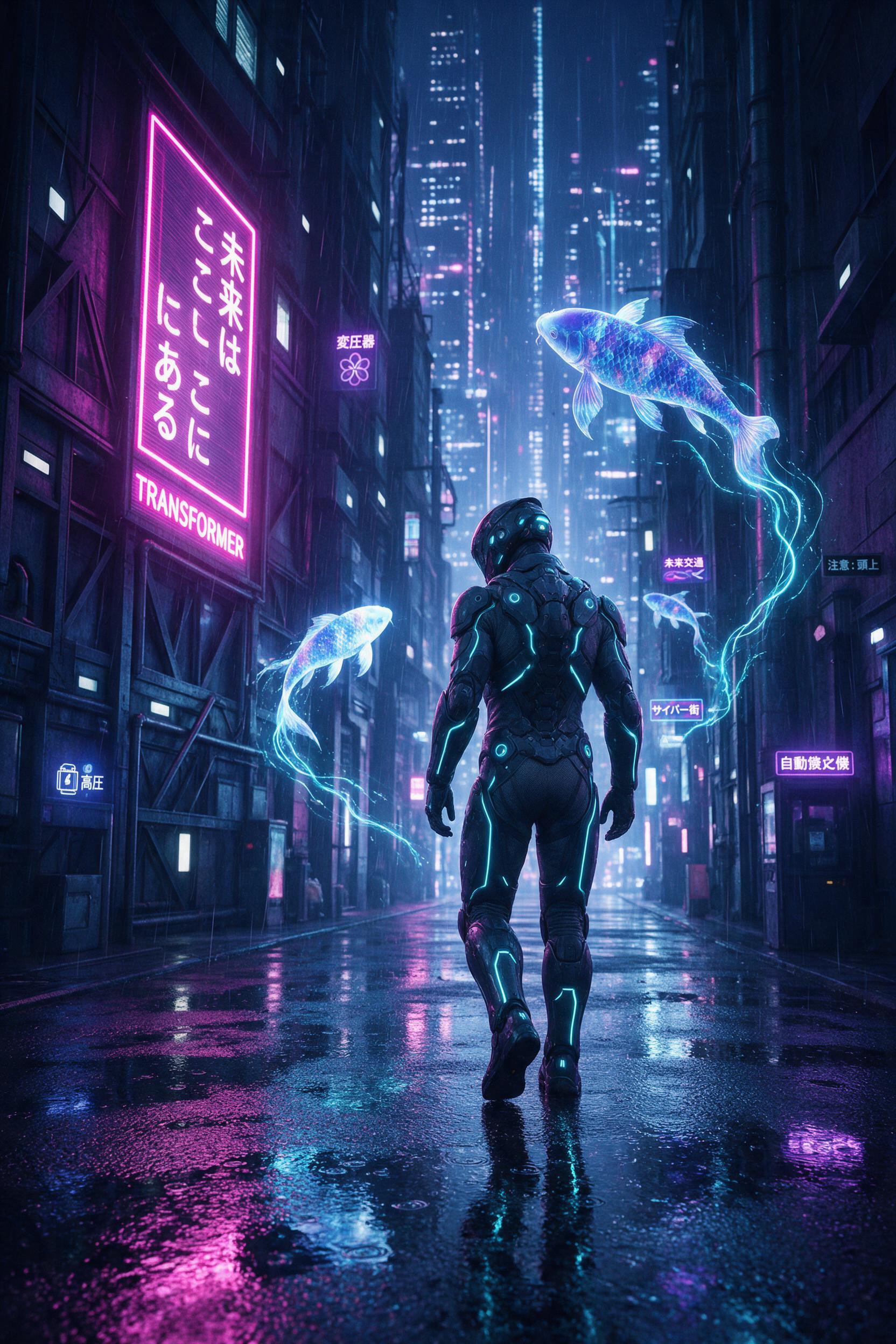 A lone figure in a glowing exosuit walks through a rain-soaked neon alley. Holographic koi fish swim through the air, leaving trails of cyan light. The scene is drenched in magenta and electric blue tones, with reflections rippling across wet asphalt. Slight camera motion blurs the distant skyline, 