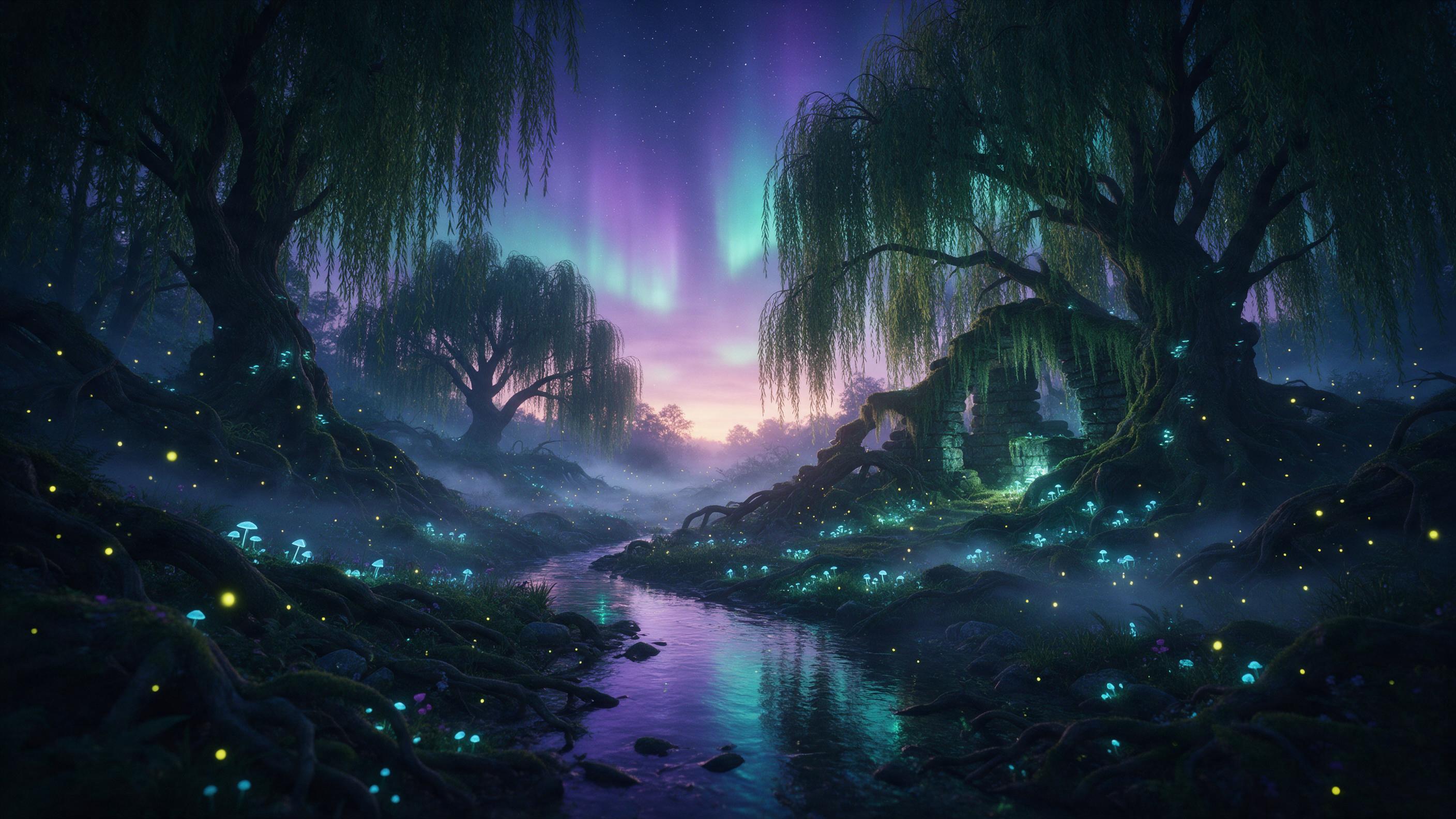 A hidden forest glade lit by bioluminescent fungi, where a winding stream reflects an aurora of purple and teal. Ancient willow trees drape moss over a stone ruin. Mist curls between gnarled roots, and fireflies drift like scattered stars. Wide-angle composition with a glowing horizon, soft diffused