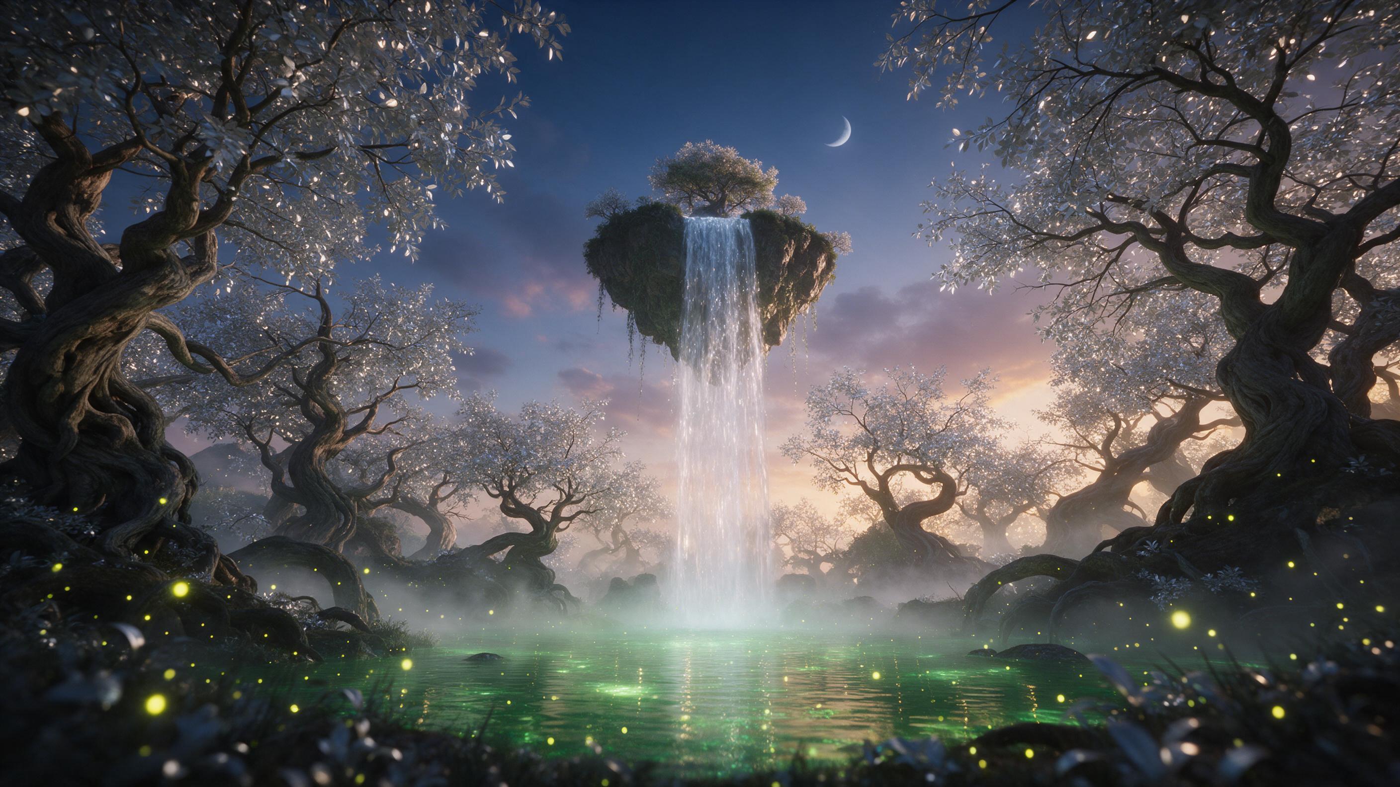 A crystal-clear waterfall cascading from a floating island into a glowing green lake, surrounded by ancient twisted trees with silver leaves, soft mist rising, fireflies sparkling, twilight sky with a crescent moon, warm and cool color contrast, viewed from a low angle
