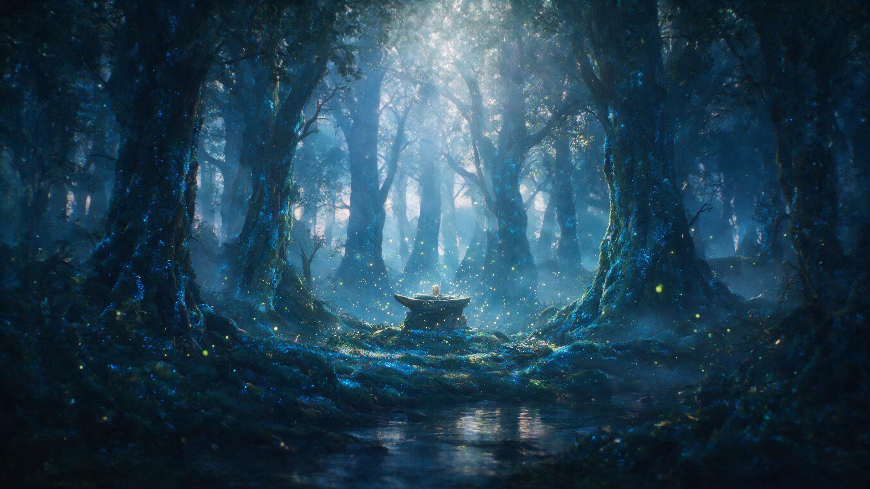 A luminous forest at twilight, ancient trees with glowing blue moss, floating fireflies orbit a stone altar, soft mist between trunks, ethereal light rays pierce canopy, gentle water reflections in a nearby stream, cinematic composition, magical atmosphere, slight grain.