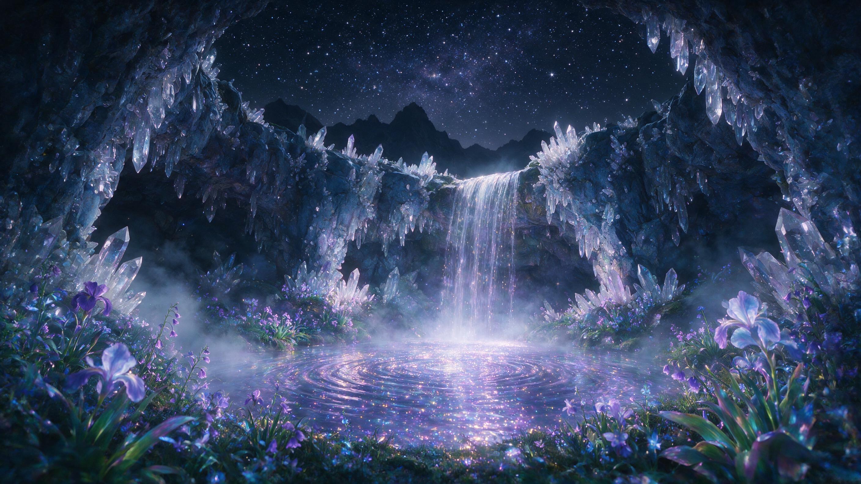 A luminous crystal cave under a starry night sky, bioluminescent flowers glowing in soft purple and blue hues, a gentle waterfall cascading into a pool of liquid light, mist floating, ethereal atmosphere, soft cinematic lighting, shallow depth of field, dreamlike scene