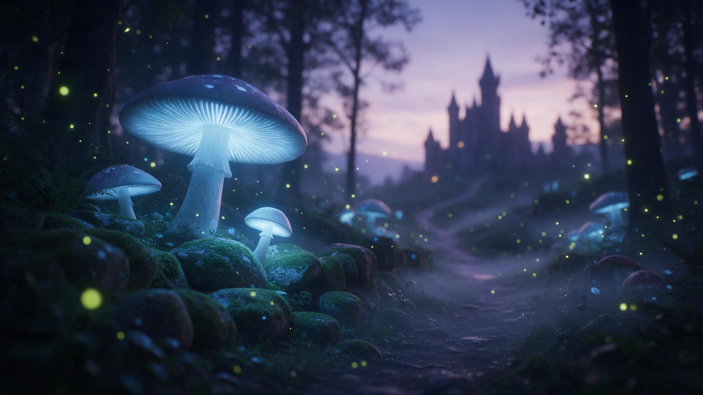 A bioluminescent forest at dusk, giant glowing mushrooms casting soft blue light onto moss-covered stones, a winding path leading to a distant castle silhouette, fireflies swirling in the air, mist hugging the ground, ethereal atmosphere, muted purple and teal palette, shallow depth of field
