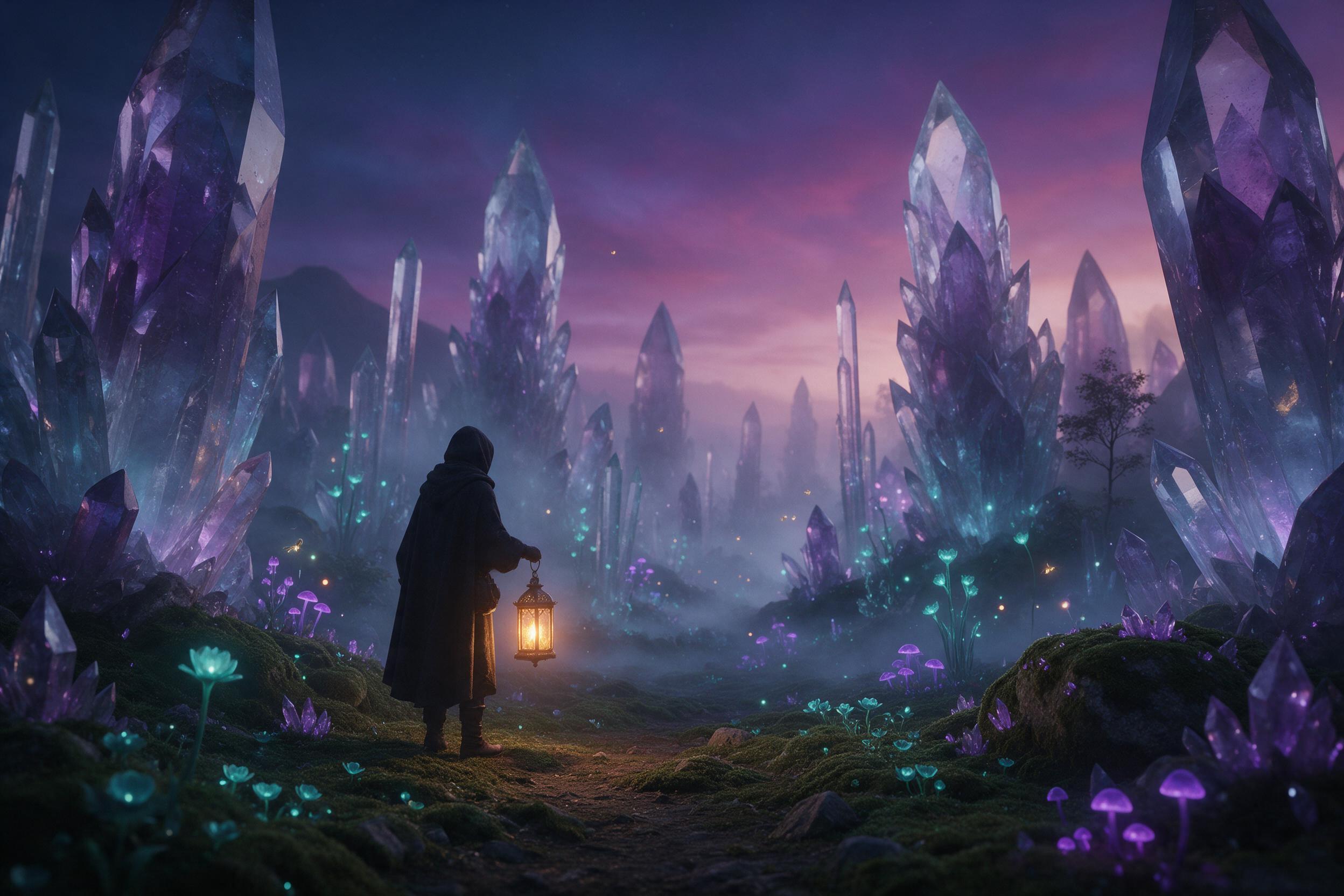 A luminous crystal forest under a velvet twilight, bioluminescent flora casting soft teal and violet glows, ethereal mist curling between towering crystalline trees, a lone figure in a flowing cloak standing on a mossy path, warm amber lantern light contrasting with cool magical tones, cinematic com