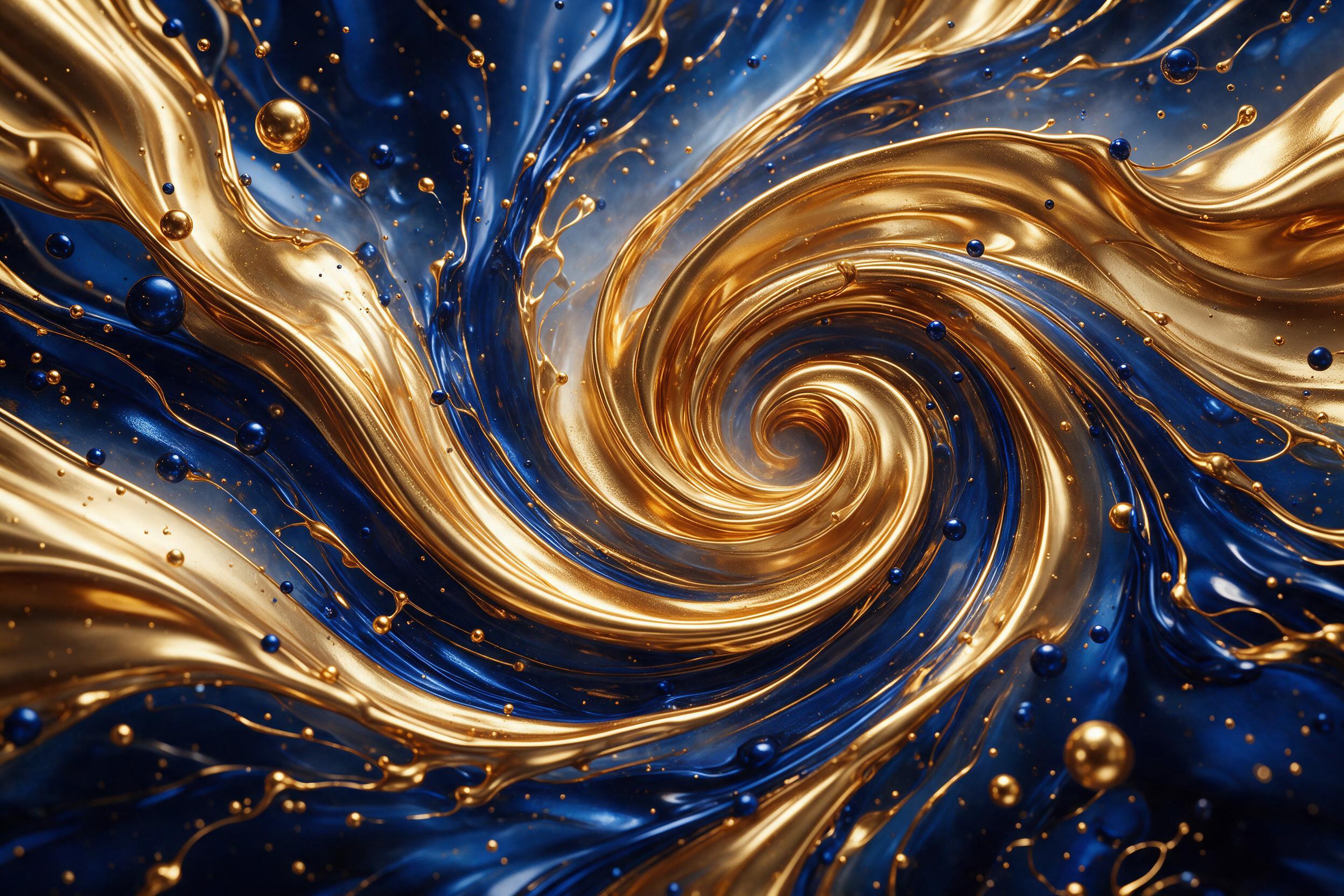 A vibrant abstract composition of swirling molten gold and deep sapphire blue fluid, captured mid-motion with sharp glossy highlights and soft haze, dramatic side lighting, minimal depth, smooth textures and sharp focus.