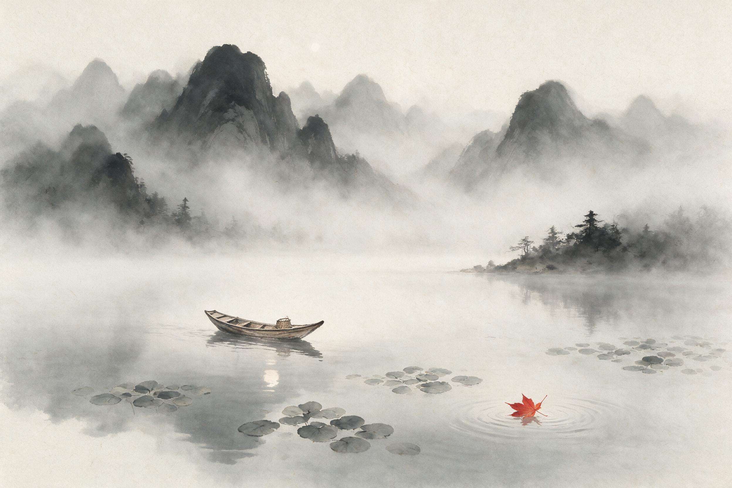 A misty ink-wash painting of a lone fisherman in a narrow wooden boat, gliding across a serene mountain lake, silhouetted peaks fading into layers of pale gray fog, a single red maple leaf drifting on the water, delicate brush strokes, textured rice paper, muted earthy tones, soft diffused light, em