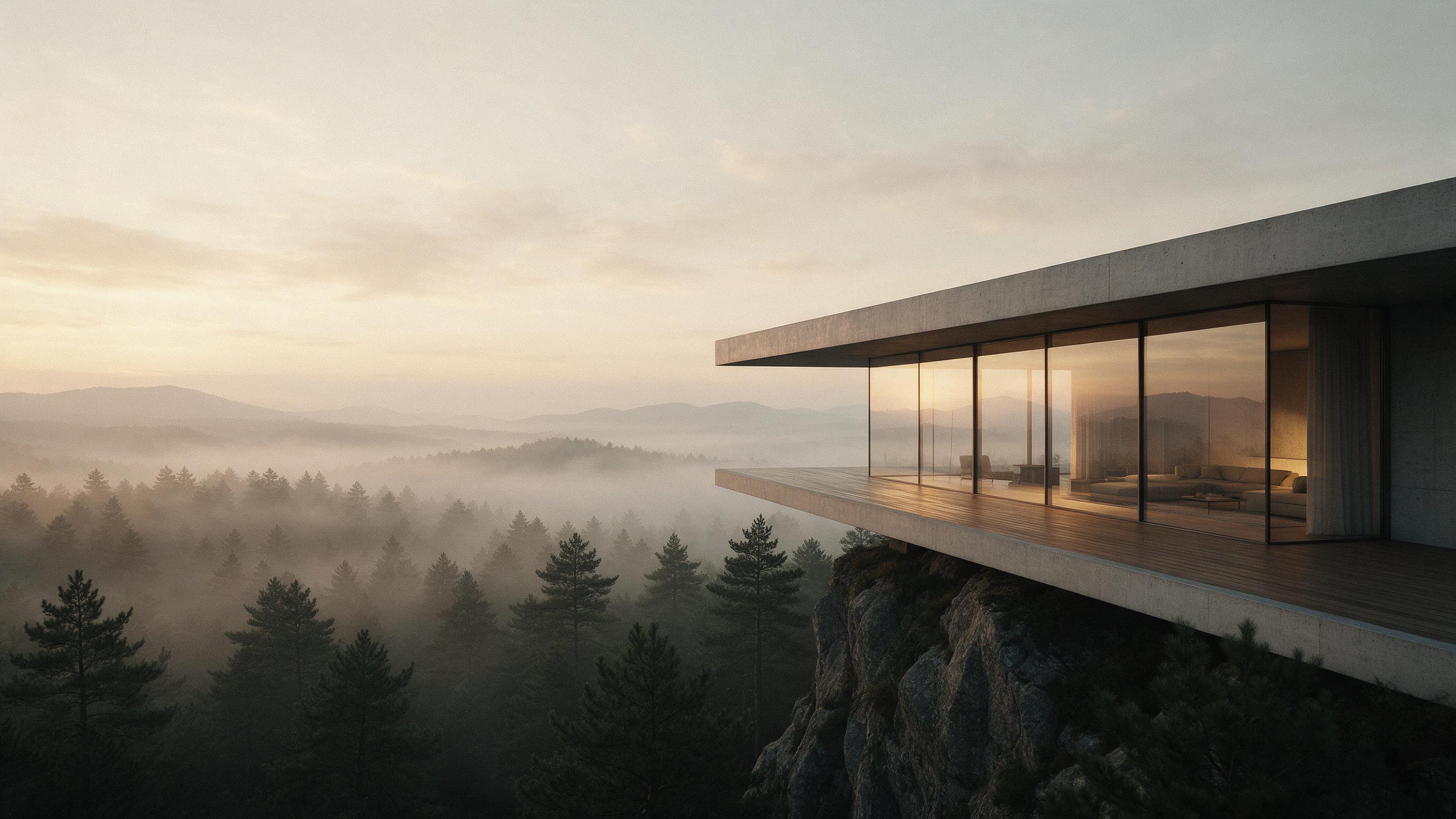 Minimalist concrete villa poised on a cliff above a misty pine forest at dawn, floor-to-ceiling glass walls reflecting soft amber sky, warm interior light spilling onto a wooden deck, distant mountain layers fading into haze, clean geometric lines, quiet serenity, subtle film grain.