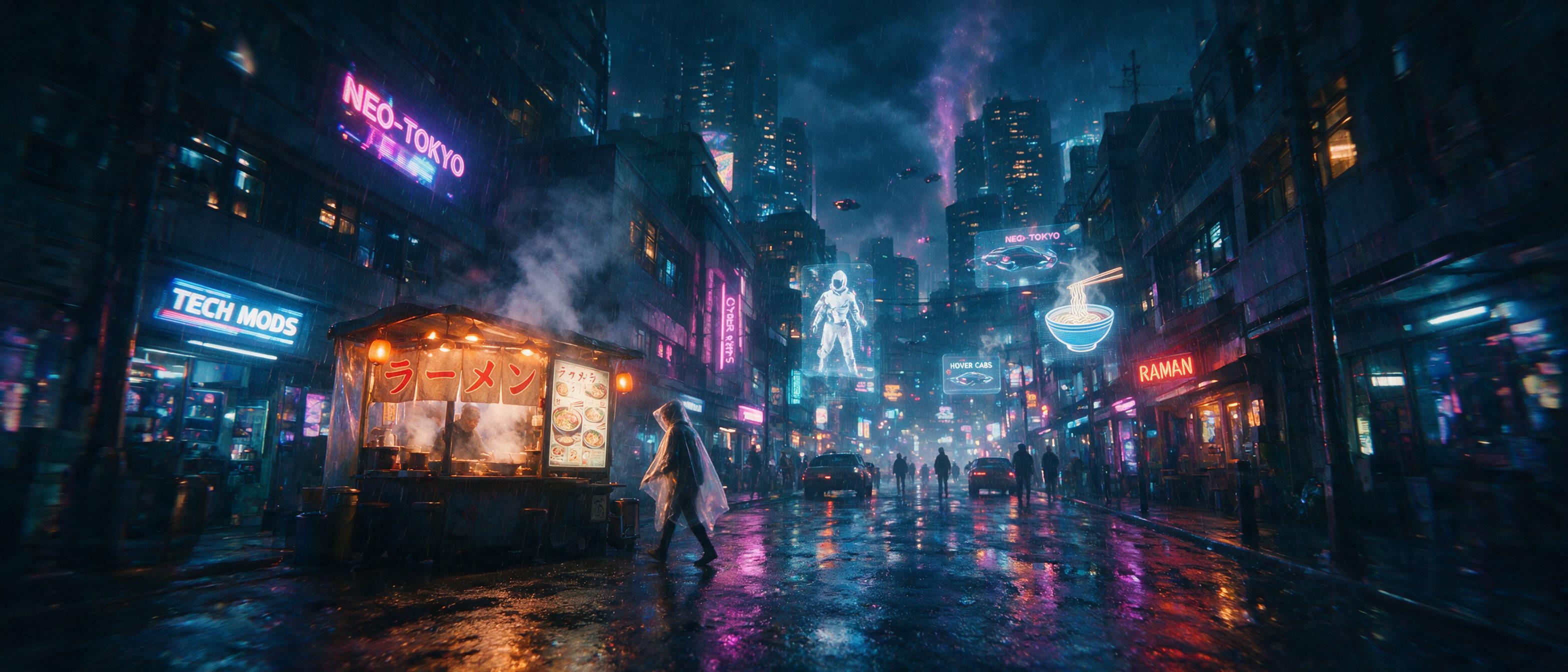 A neon-lit cyberpunk city street at night, rain-slicked asphalt reflecting holographic advertisements, a lone figure in a translucent poncho walking past a glowing ramen stall, steam rising, slight camera motion blur, cinematic composition