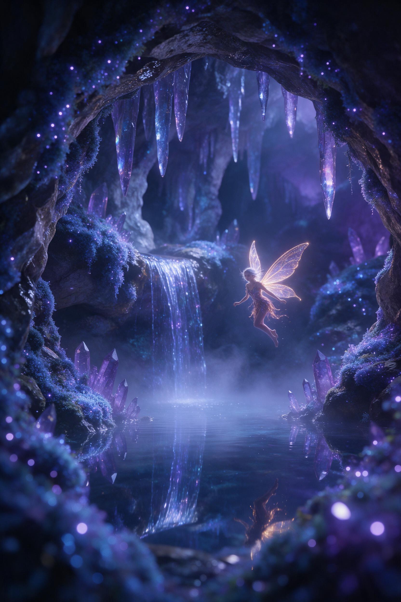 A luminous crystal cavern underground, bioluminescent moss casting a soft blue-violet glow on stalactites, a small, transparent waterfall flowing into a mirror-like pool, gentle mist, a lone fairy with glowing wings hovering mid-air, cinematic composition, shallow depth of field, ethereal atmosphere