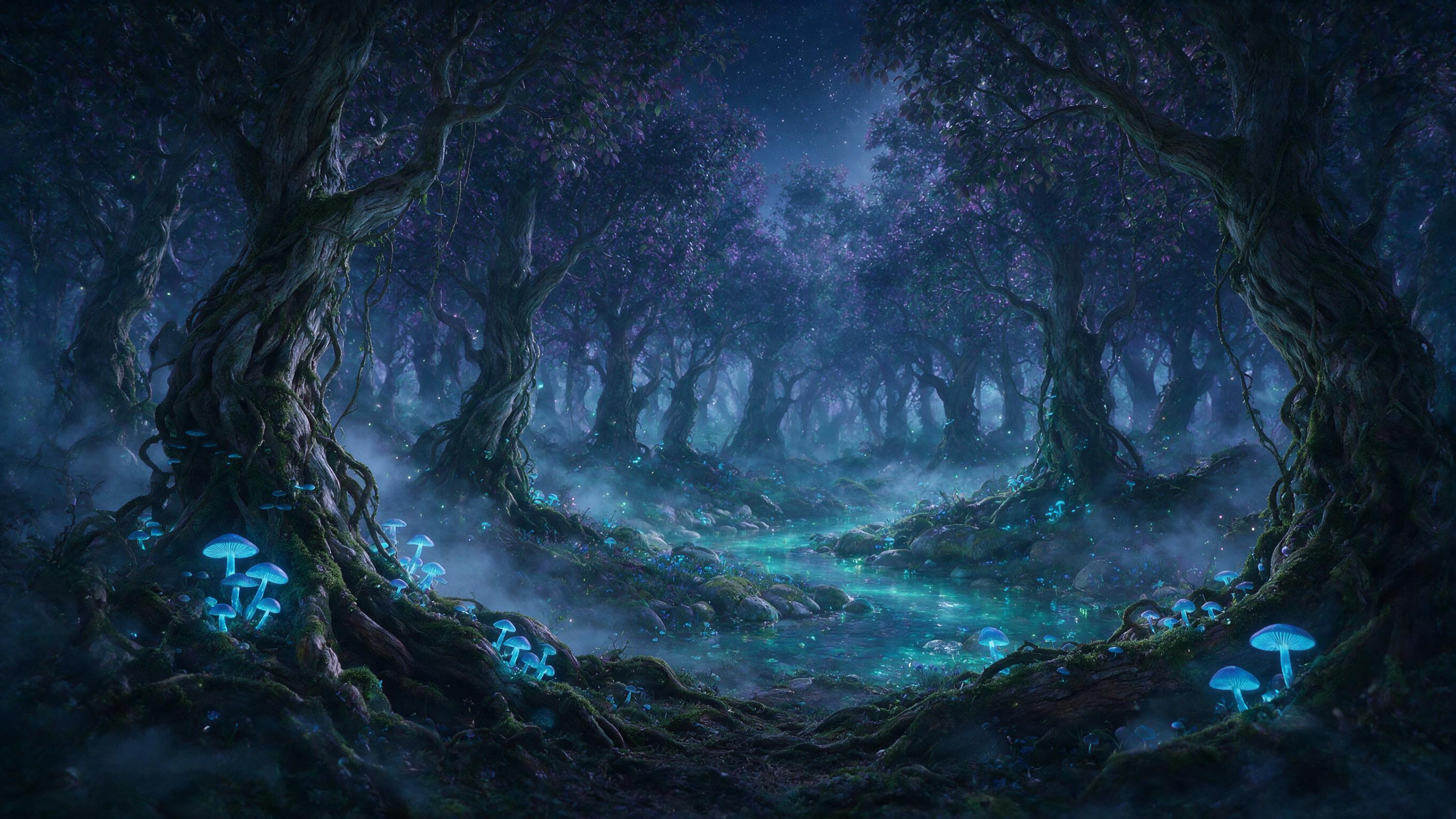 moonlit forest, ancient gnarled trees with glowing blue mushrooms, mist swirling between roots, ethereal fireflies, bioluminescent creek, rich purple and teal tones, soft diffused moonlight, wide angle lens, dreamlike atmosphere