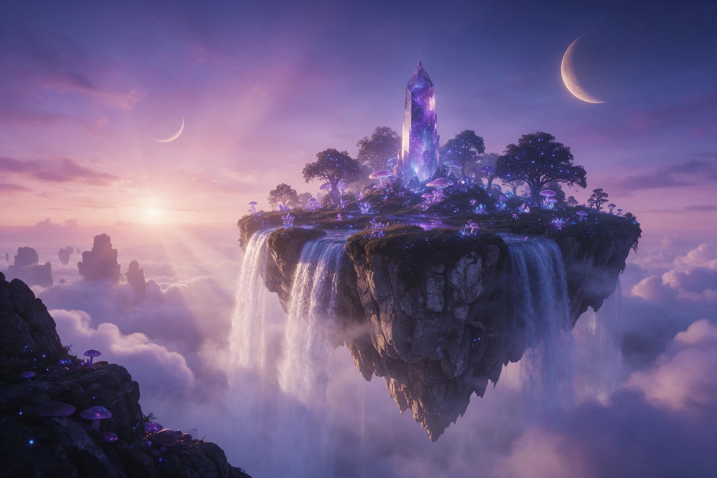 A floating island with a glowing crystal spire, cascading waterfalls into misty abyss, bioluminescent flora, twilight sky with two crescent moons, ethereal mist, gentle light rays, dreamy atmosphere, detailed rock textures, cinematic composition