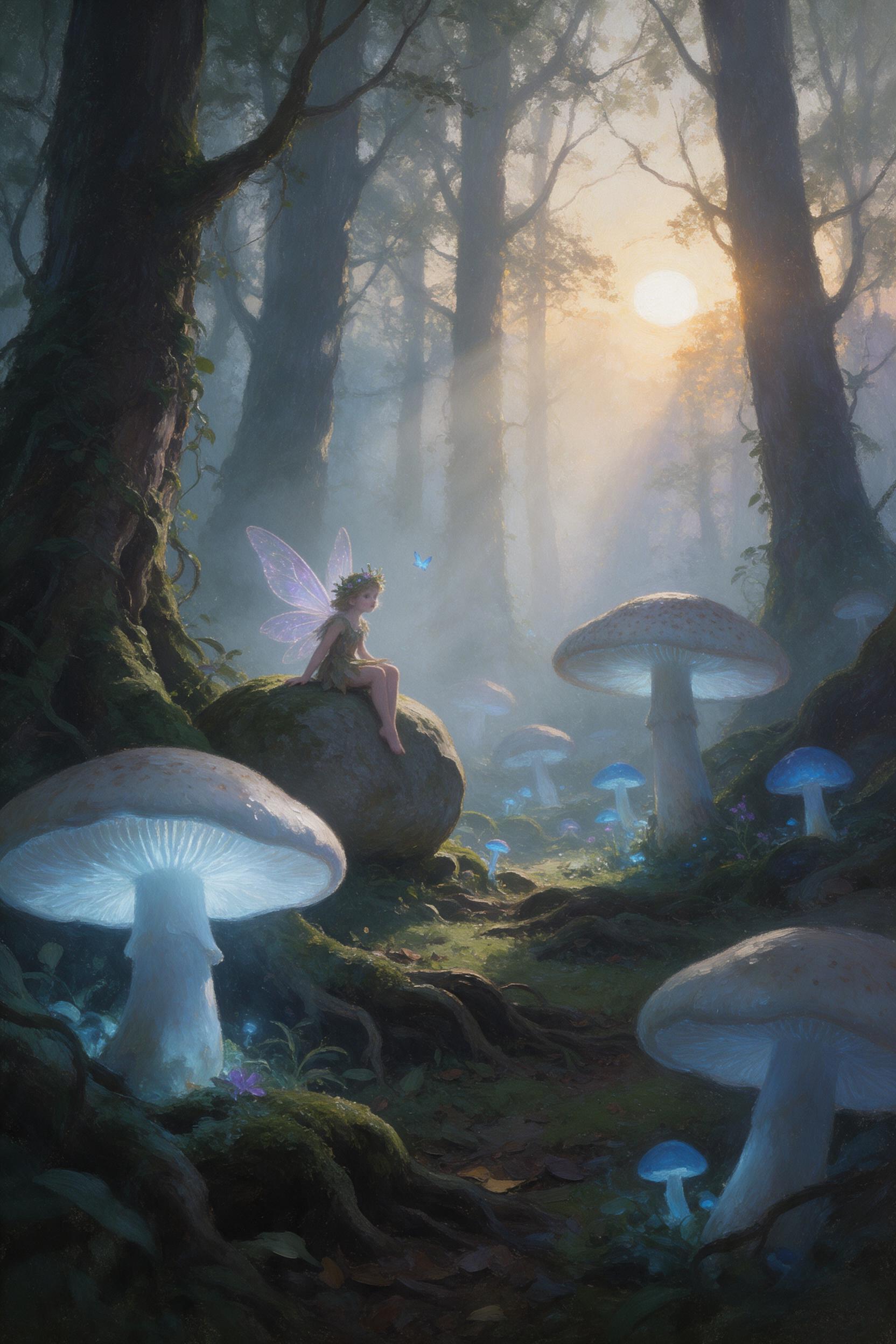 A misty ancient forest at dawn, giant glowing mushrooms casting soft bioluminescent light, a tiny fairy with translucent wings sitting on a mossy stone, ethereal fog weaving between gnarled tree roots, rays of golden sunrise piercing through canopy, painterly brushwork, dreamy atmosphere, no harsh s