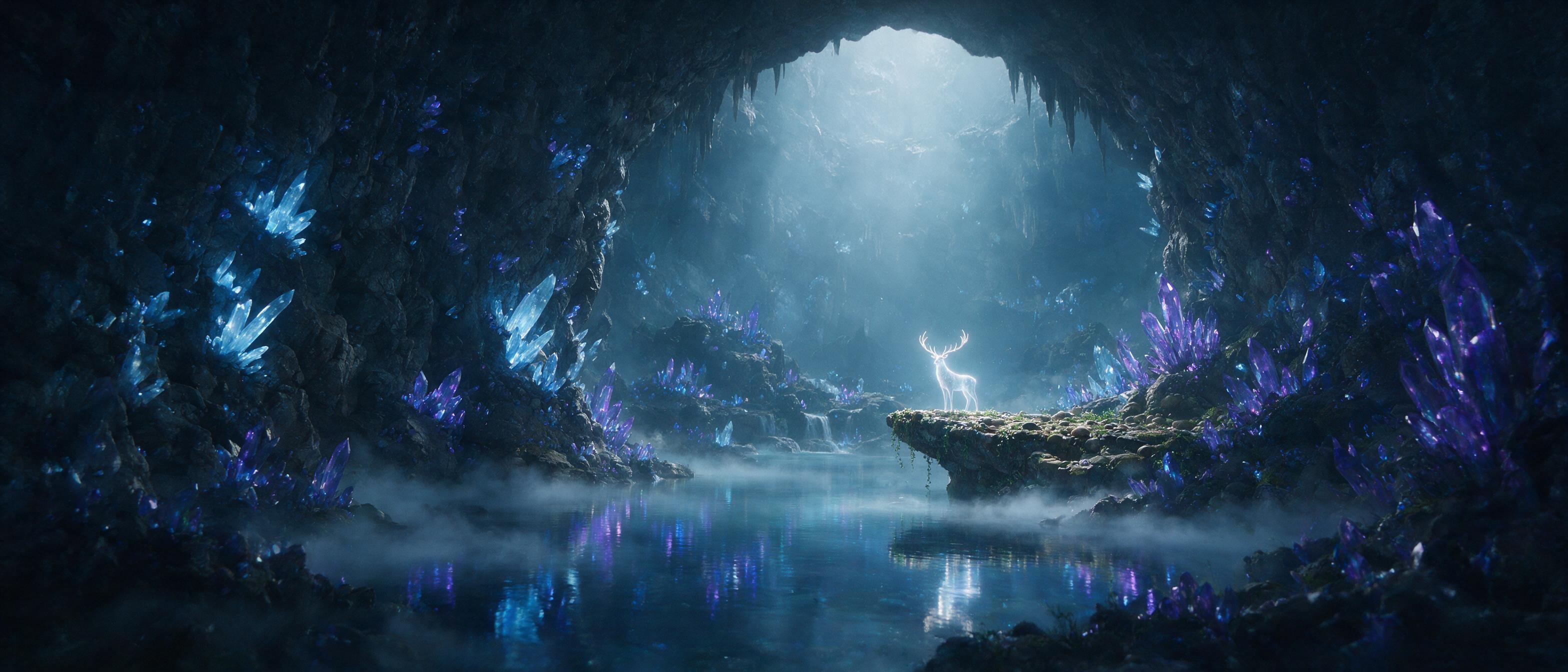 A moonlit crystal cavern, bioluminescent blue and violet crystals jutting from rocky walls, a still underground lake reflecting the glow, mist swirling above water, a lone glowing white stag standing on a stone ledge, softened by atmospheric haze, low-key lighting, cinematic composition.