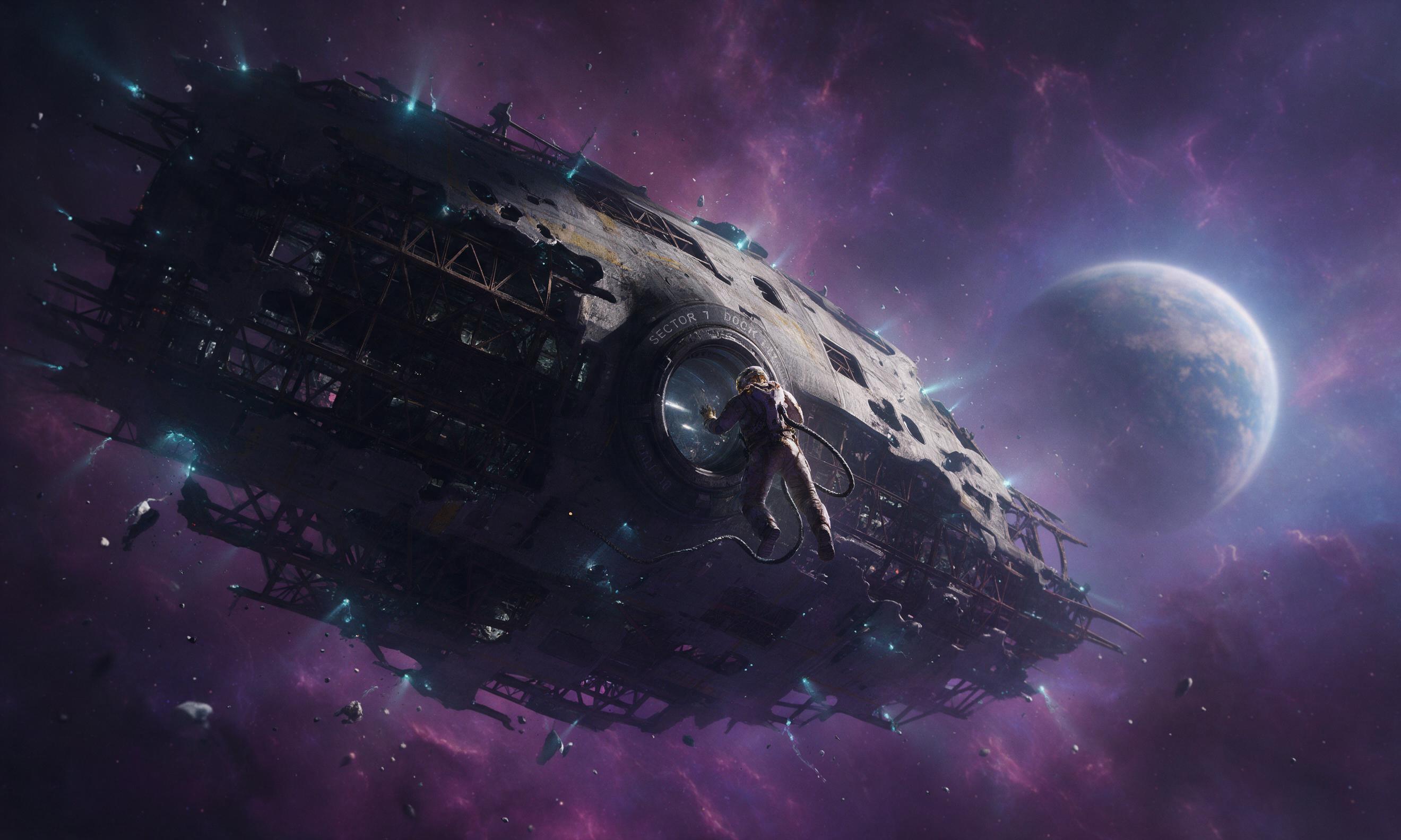 A decommissioned orbital shipyard drifts in a nebula, its skeletal frames catching faint purple and cyan light. Electrodes flicker along the hull, illuminating dust and ice particles. Composition centered on a lone astronaut tethered to a porthole, gazing at a distant, distorted earth-like planet.